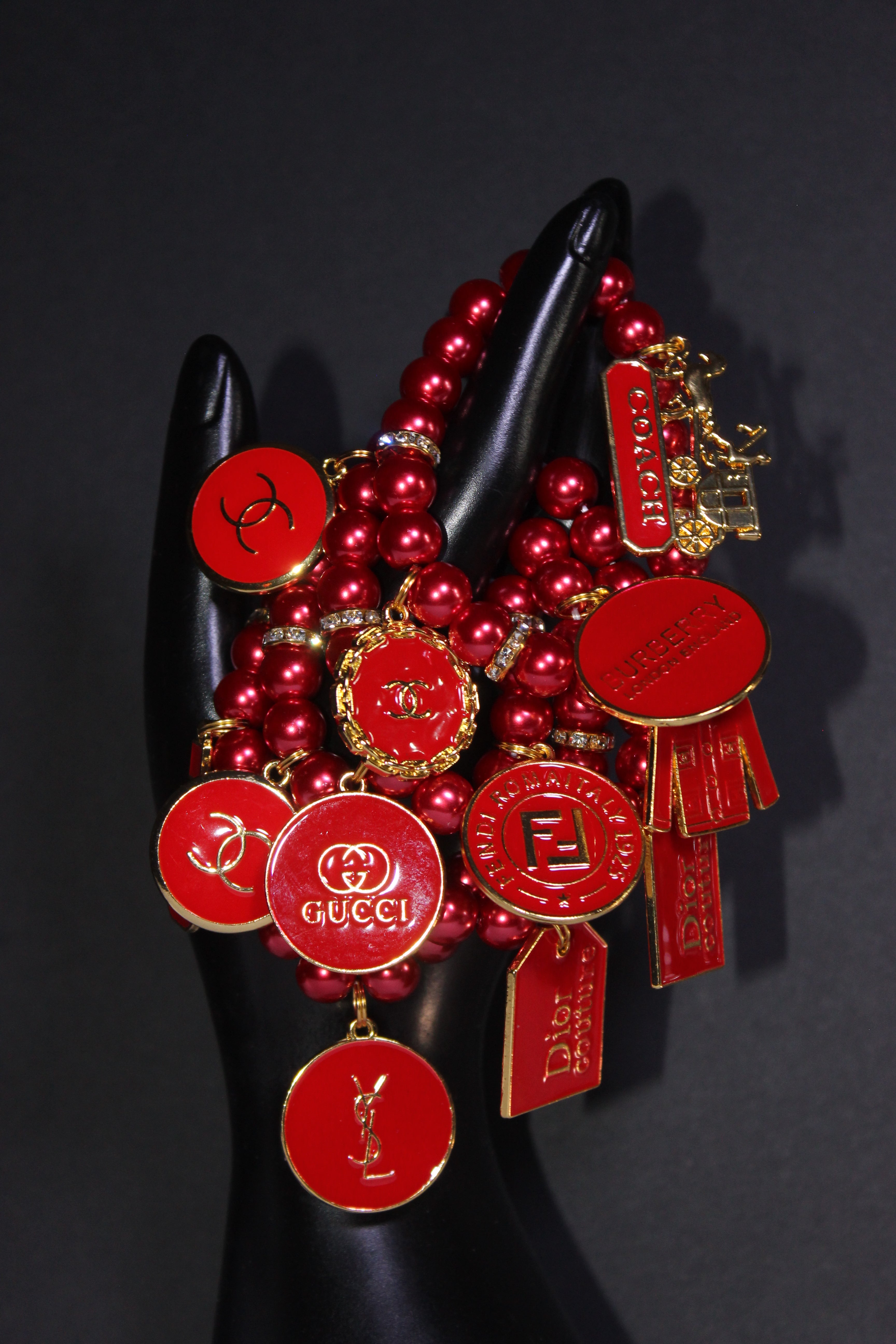 4 Piece Red & Gold Pearl Charm Bracelet Set