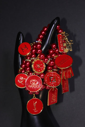 4 Piece Red & Gold Pearl Charm Bracelet Set