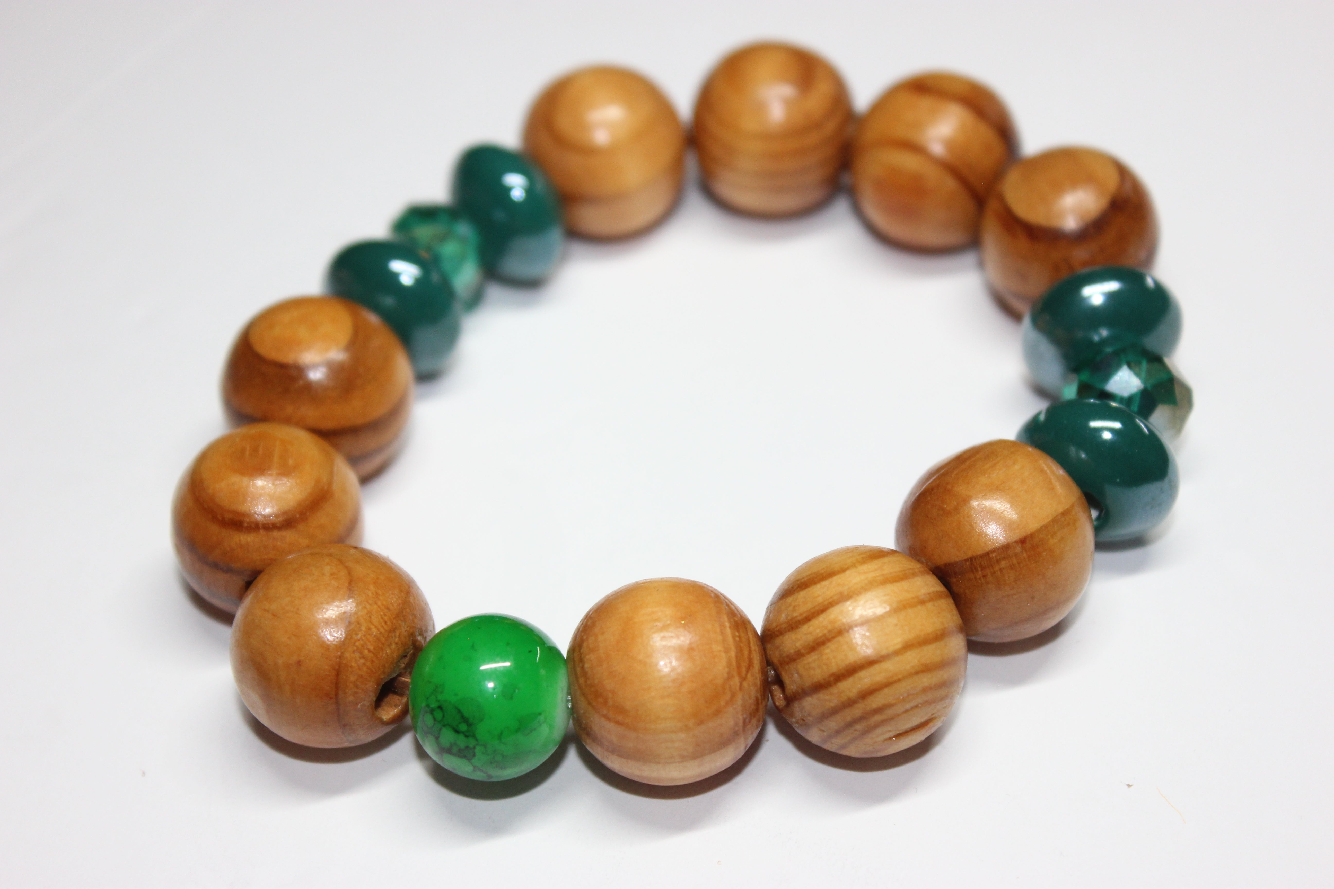 Wood & Green Beaded Bracelet
