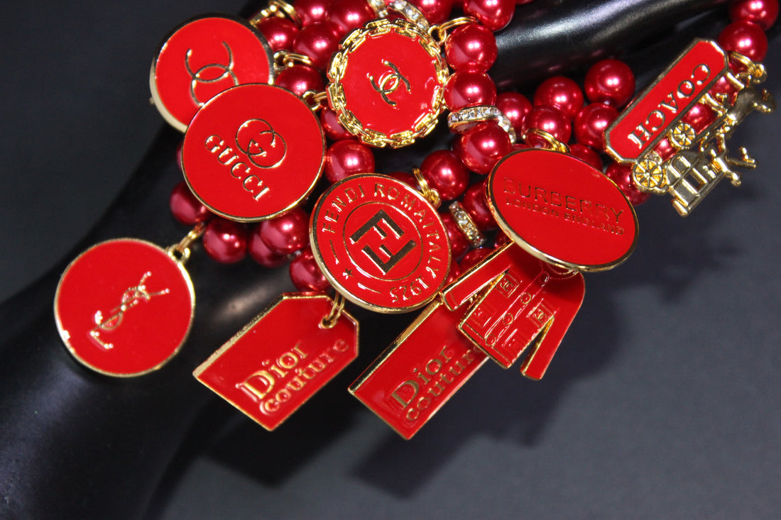 4 Piece Red & Gold Pearl Charm Bracelet Set