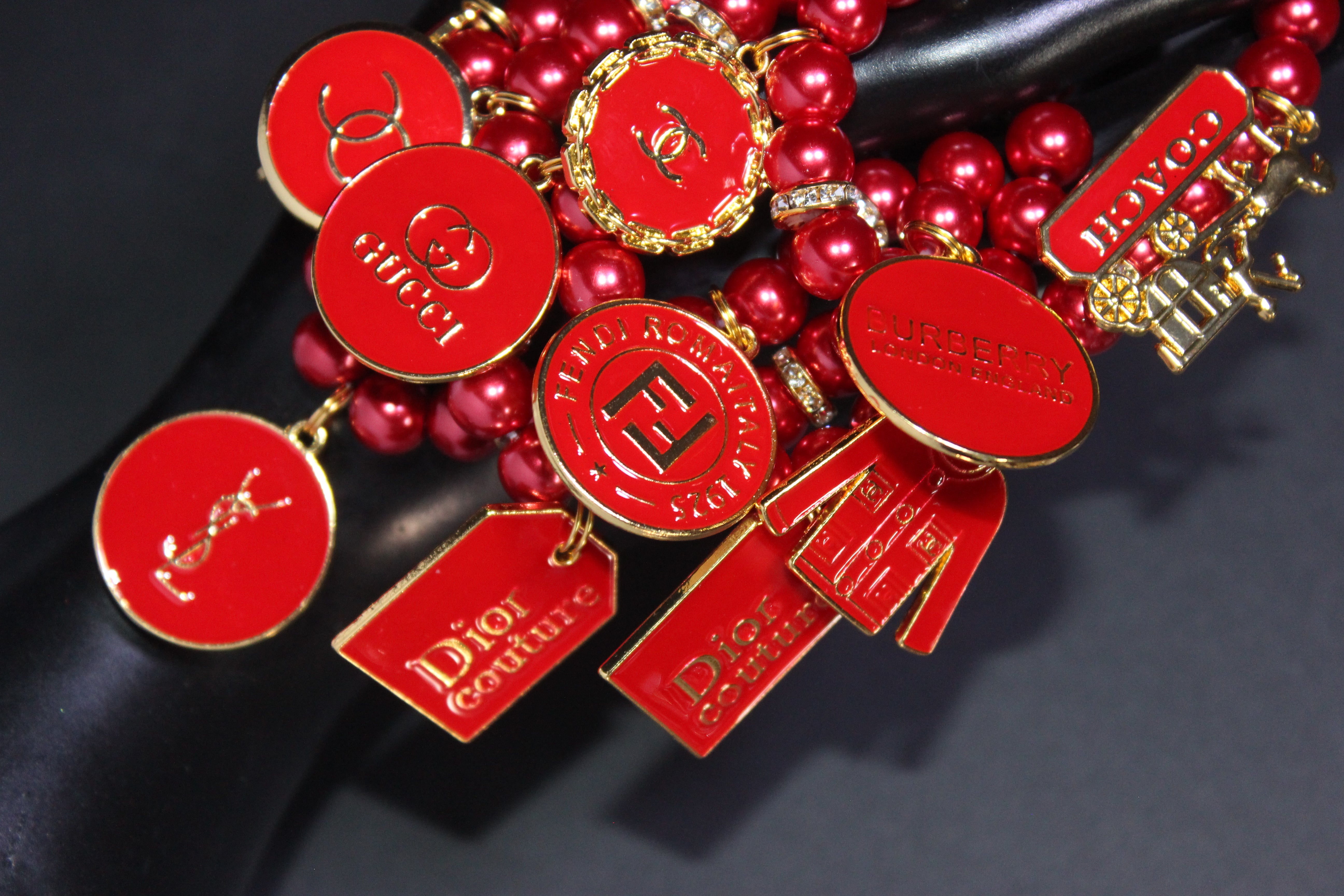 4 Piece Red & Gold Pearl Charm Bracelet Set
