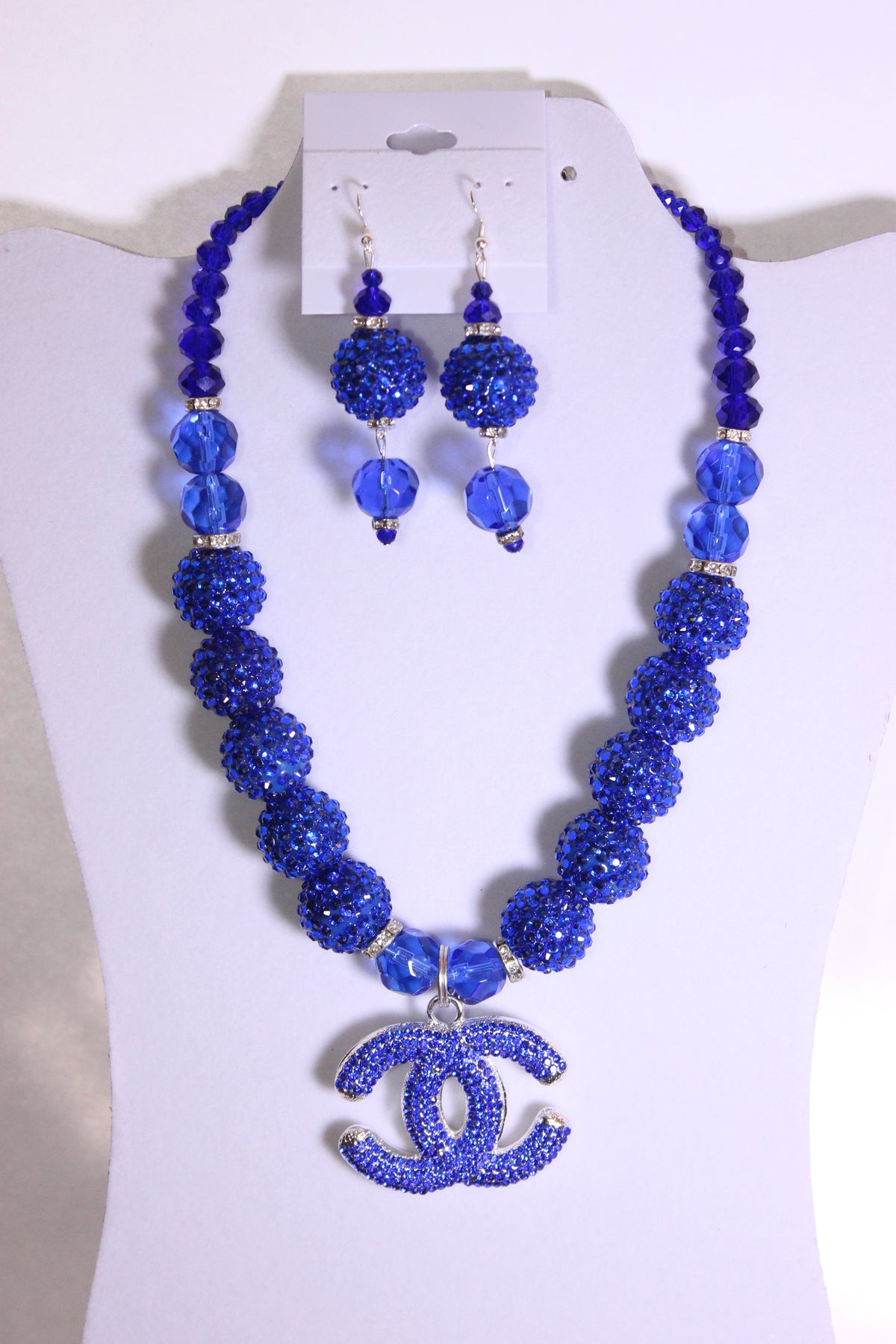 Royal Blue & Silver Rhinestone Charm Necklace & Earrings Set