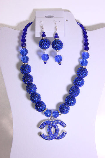 Royal Blue & Silver Rhinestone Charm Necklace & Earrings Set