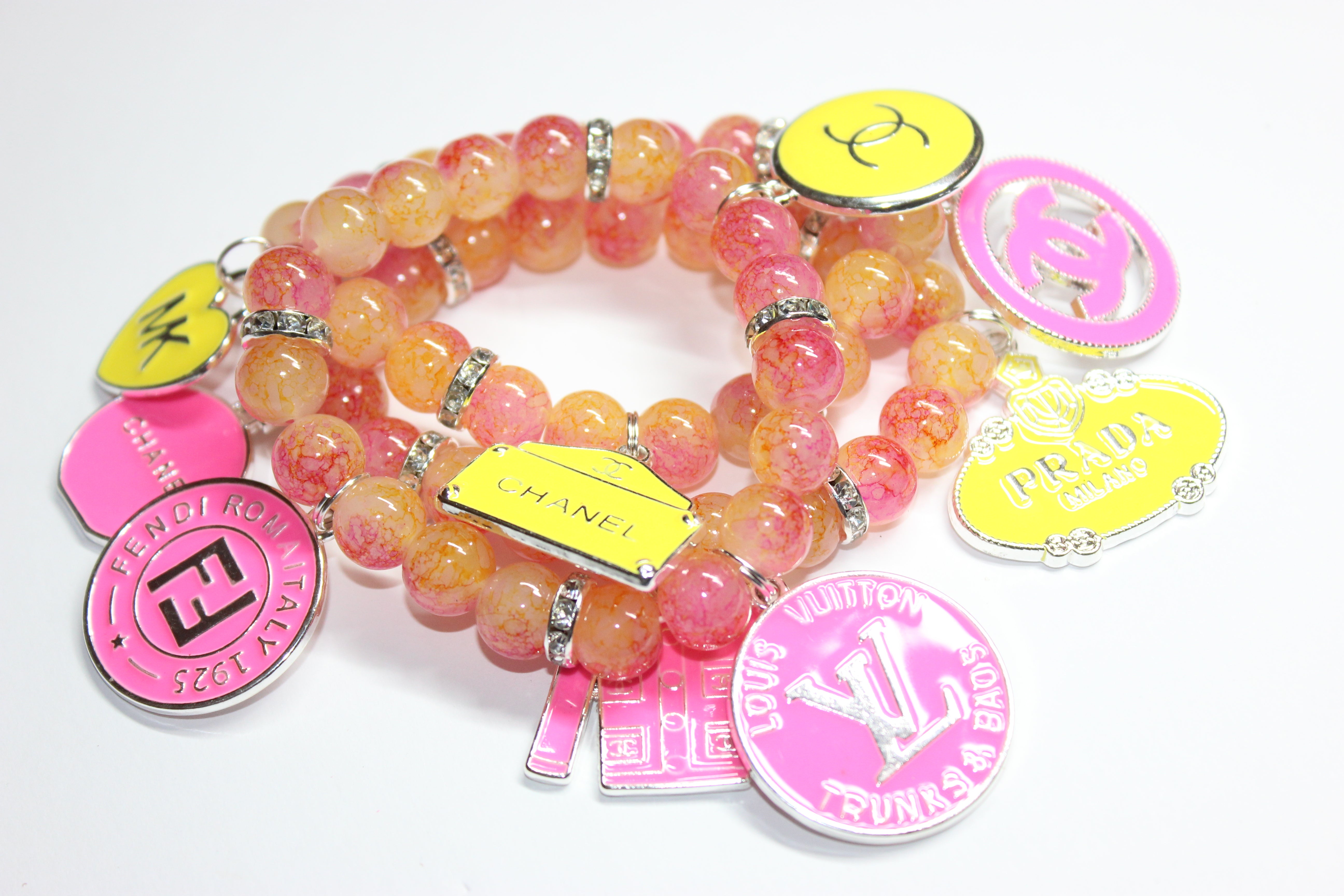 3 Piece Pink Yellow with Silver Charm Bracelet Set