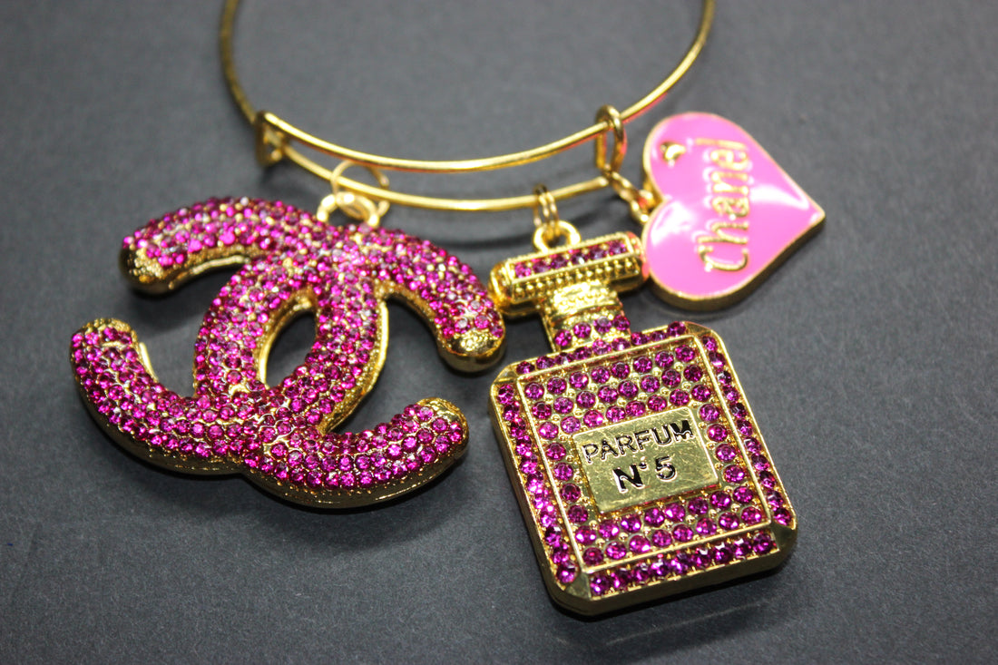 Hot Pink & Gold Rhinestone Charm Bangle Bracelet