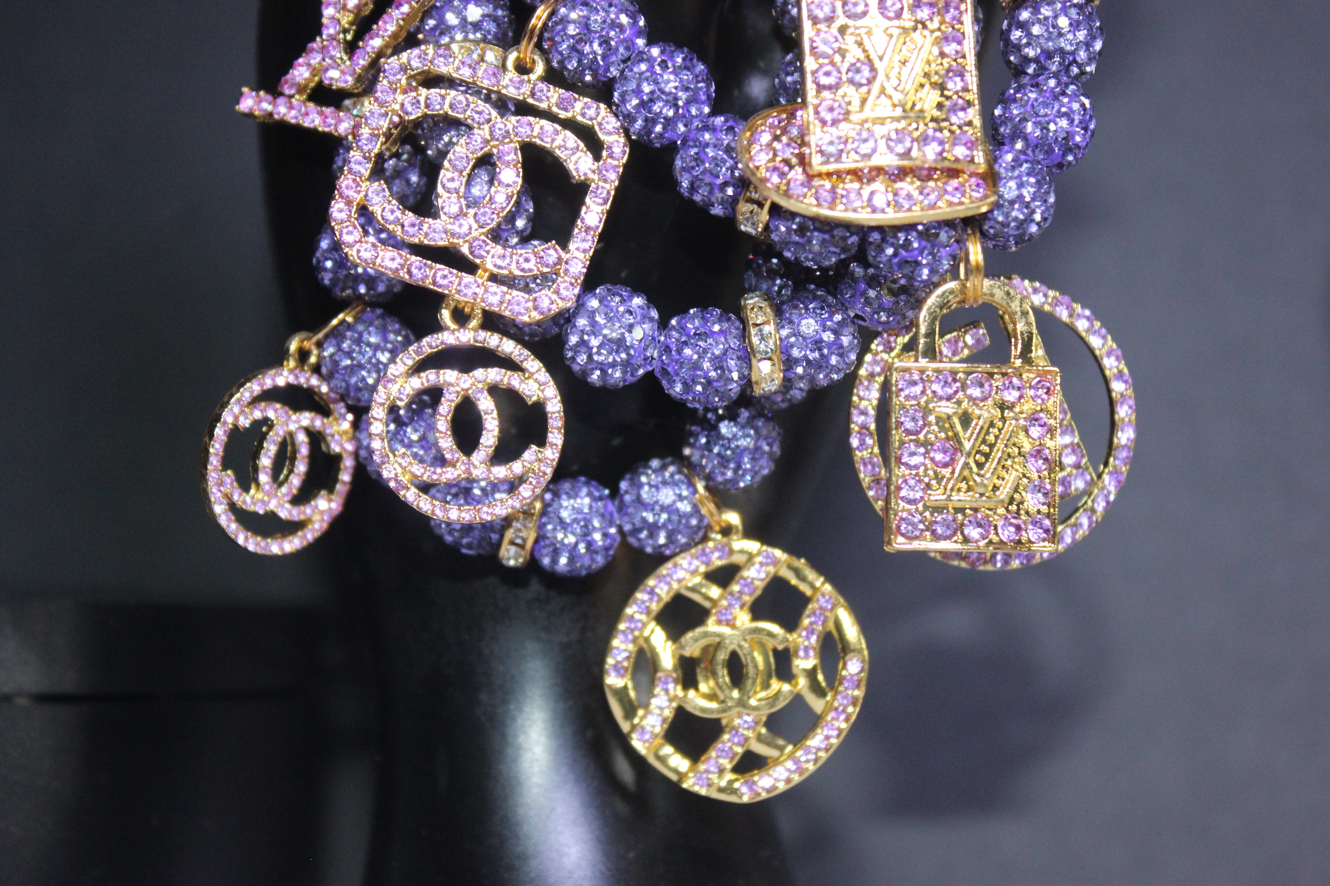 4 Piece Purple & Gold Rhinestone Charm Bracelet Set