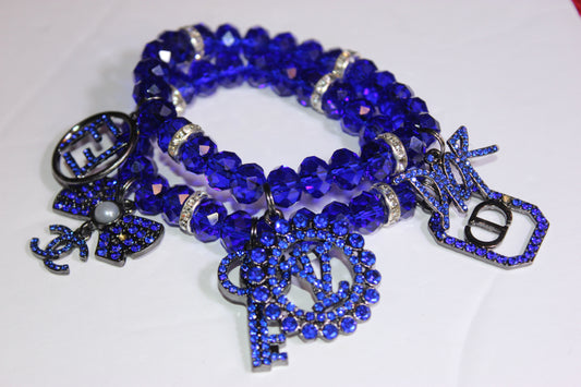 2 Piece Royal Blue Crystal Charm Bracelet Set