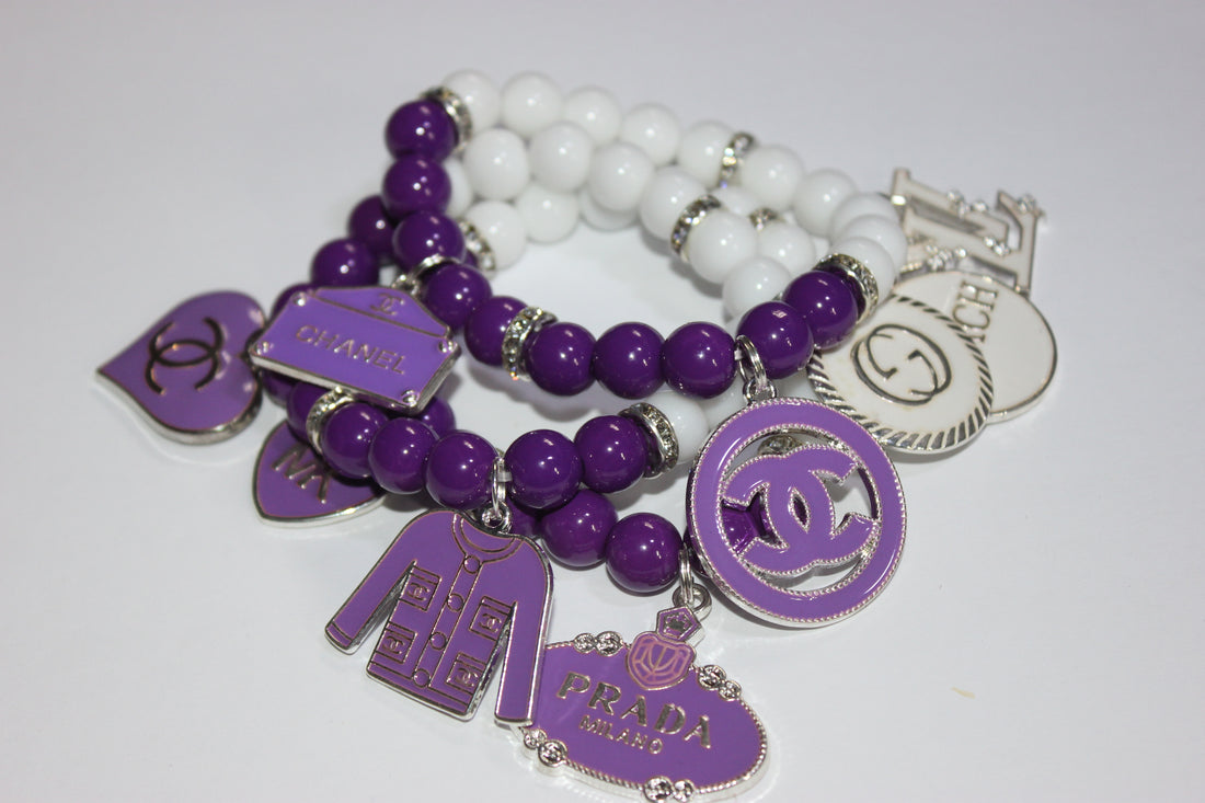 Purple & White w/ Silver 3 Piece Beaded Charm Bracelet Set