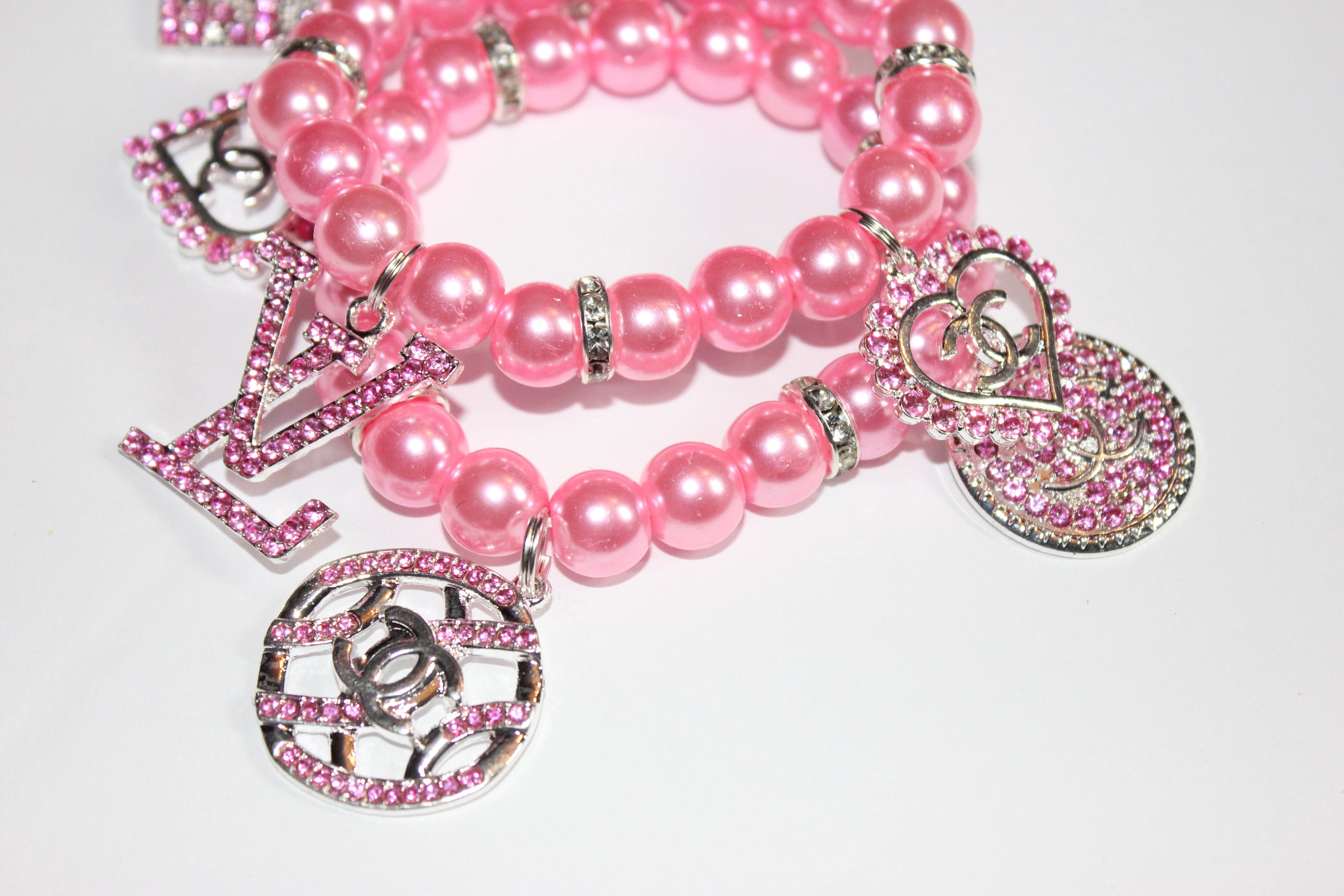 2 Piece Pink & Silver Pearl Charm Bracelet Set w/ Rhinestone Charms