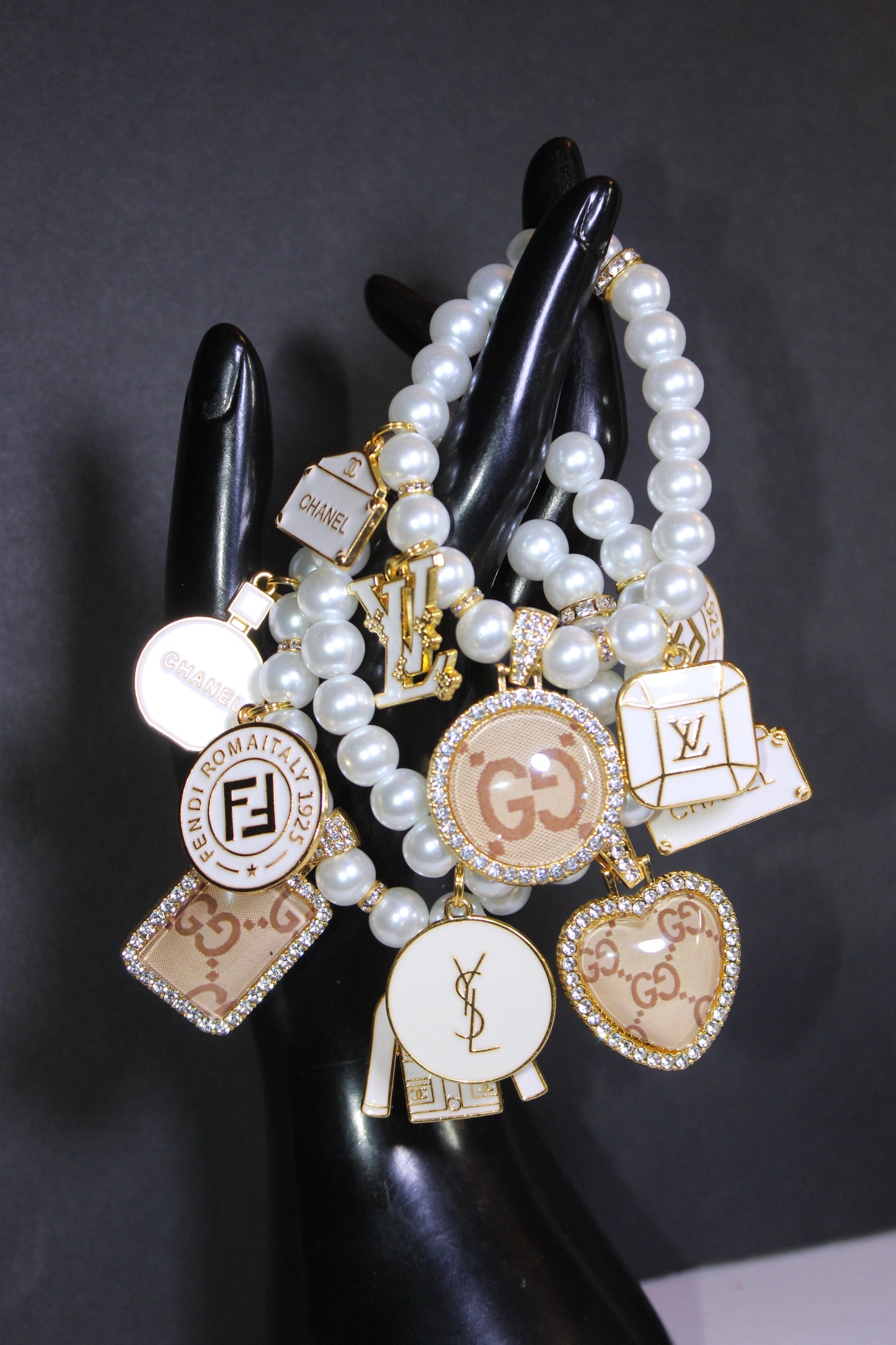 3 Piece White & Gold Pearl Luxury Charm Bracelet Set