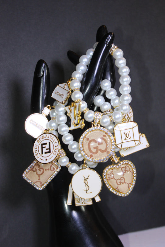3 Piece White & Gold Pearl Luxury Charm Bracelet Set