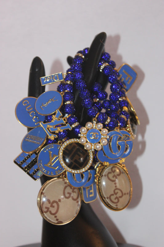 4 Piece Royal Blue & Gold Rhinestone Charm Bracelet Set