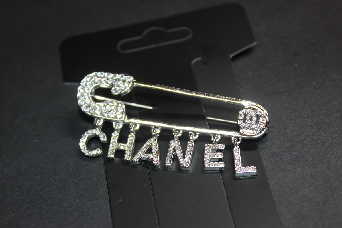 Silver Rhinestone Safety Pin Brooch