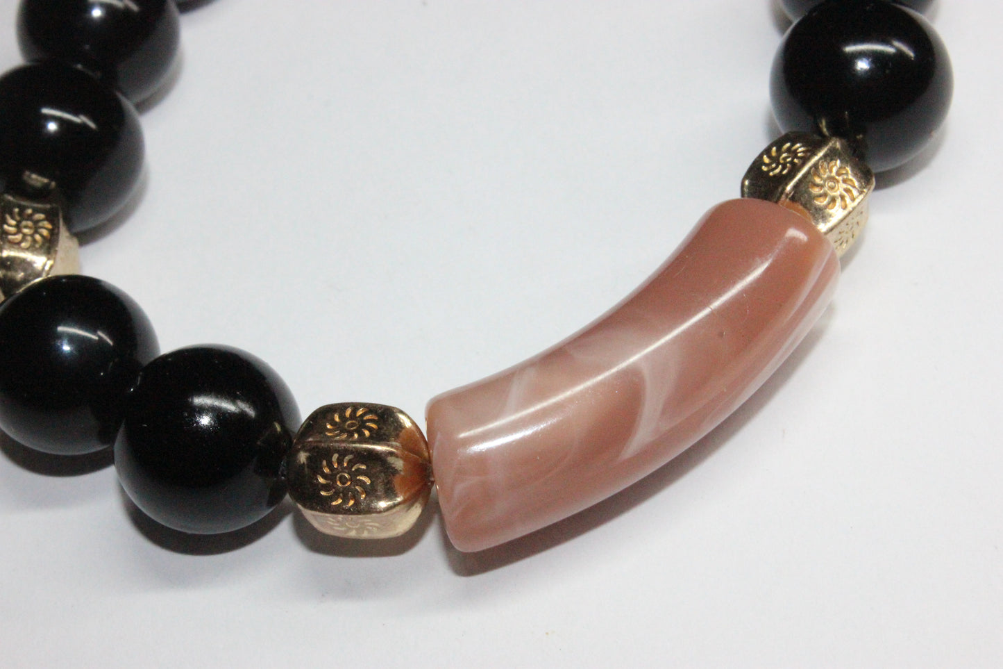Black & Coral Marble Beaded Bracelet Set In Gold