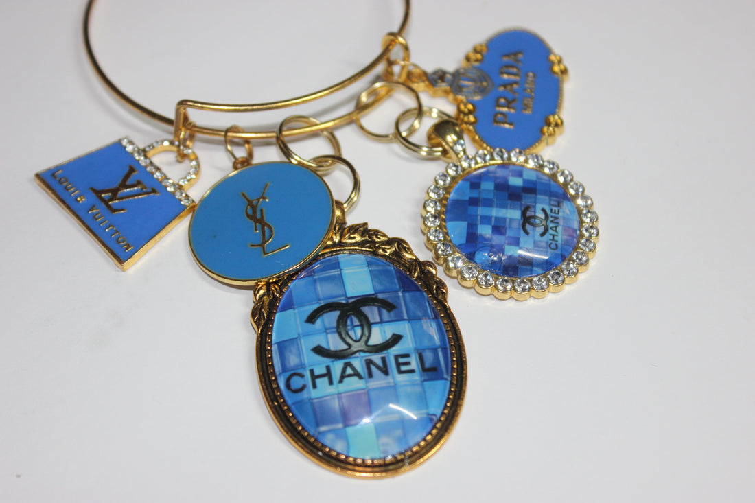 Gold & Blue Charm Bangle Bracelet