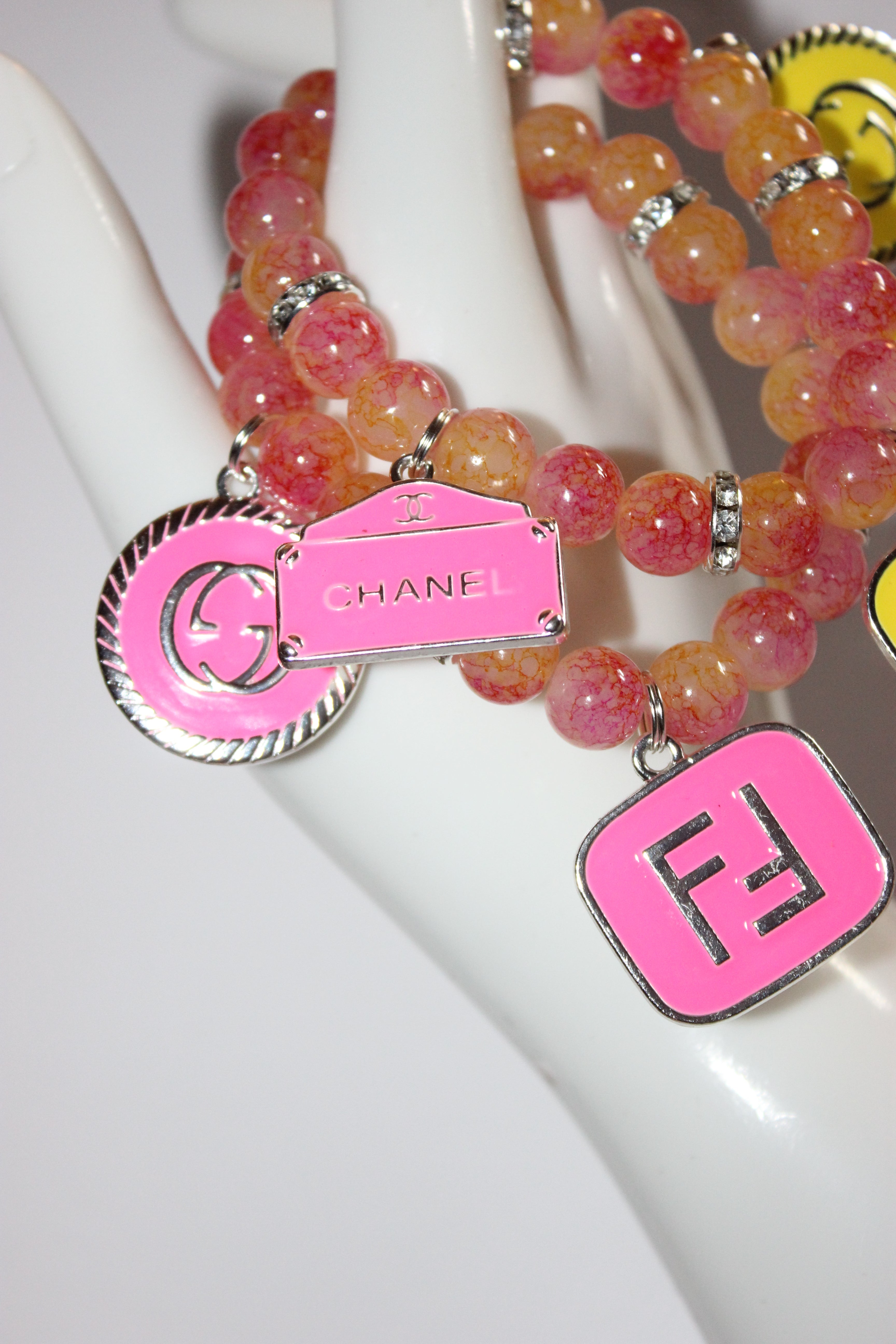 2 Piece Yellow/Pink with Silver Charm Bracelet Set