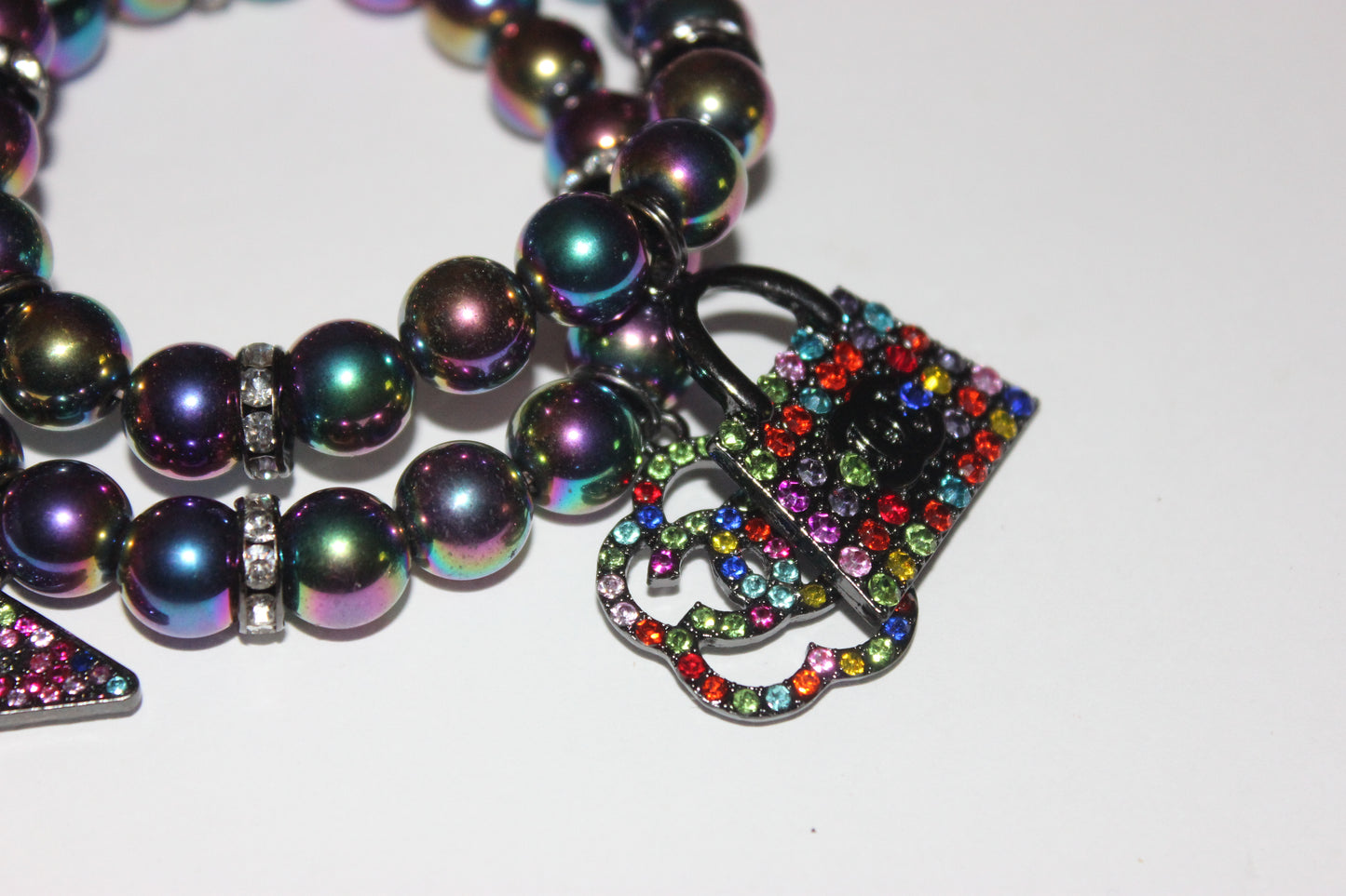 2 Piece Multicolored Gemstone Beaded Bracelet with Rhinestone Charms