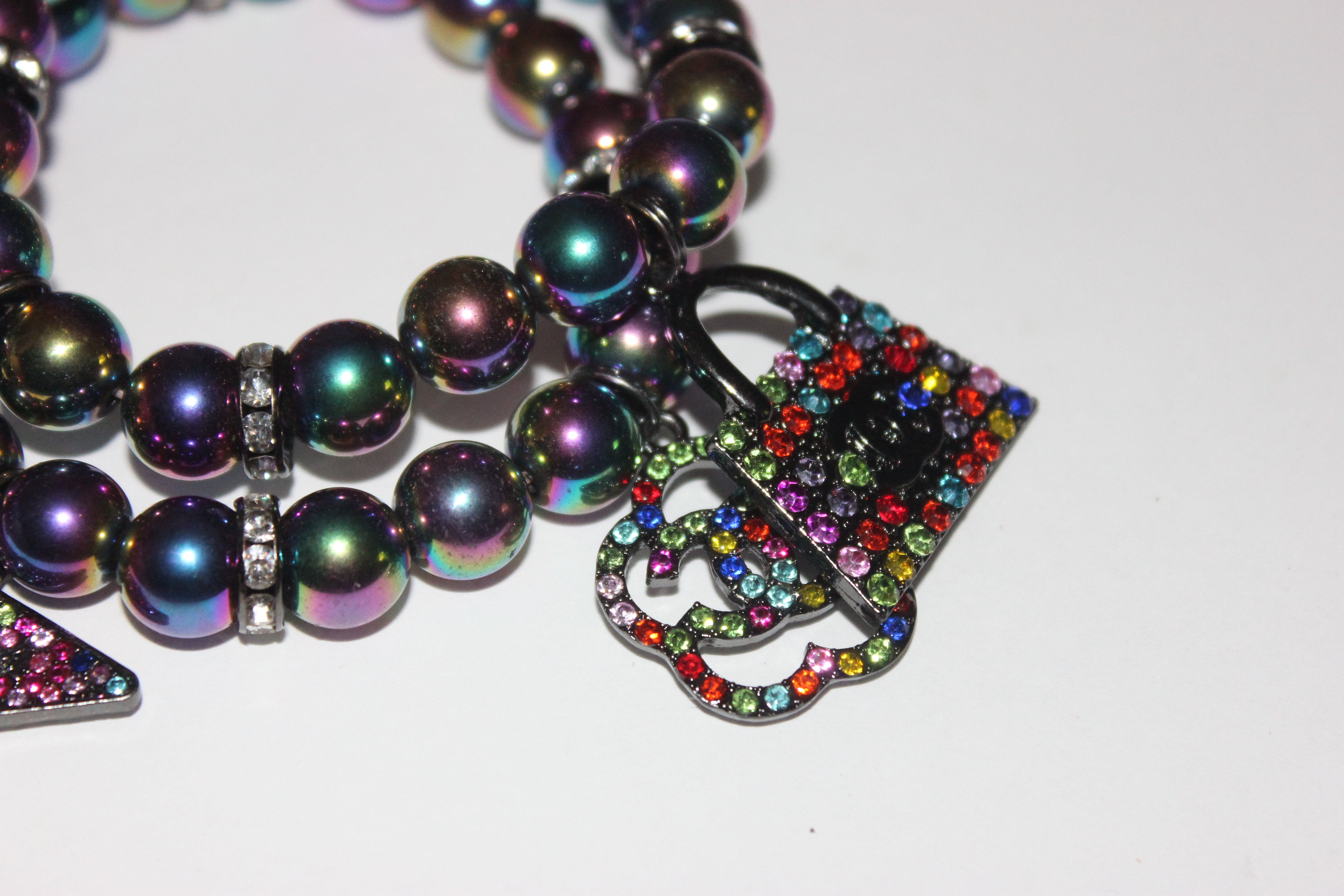 2 Piece Multicolored Gemstone Beaded Bracelet with Rhinestone Charms