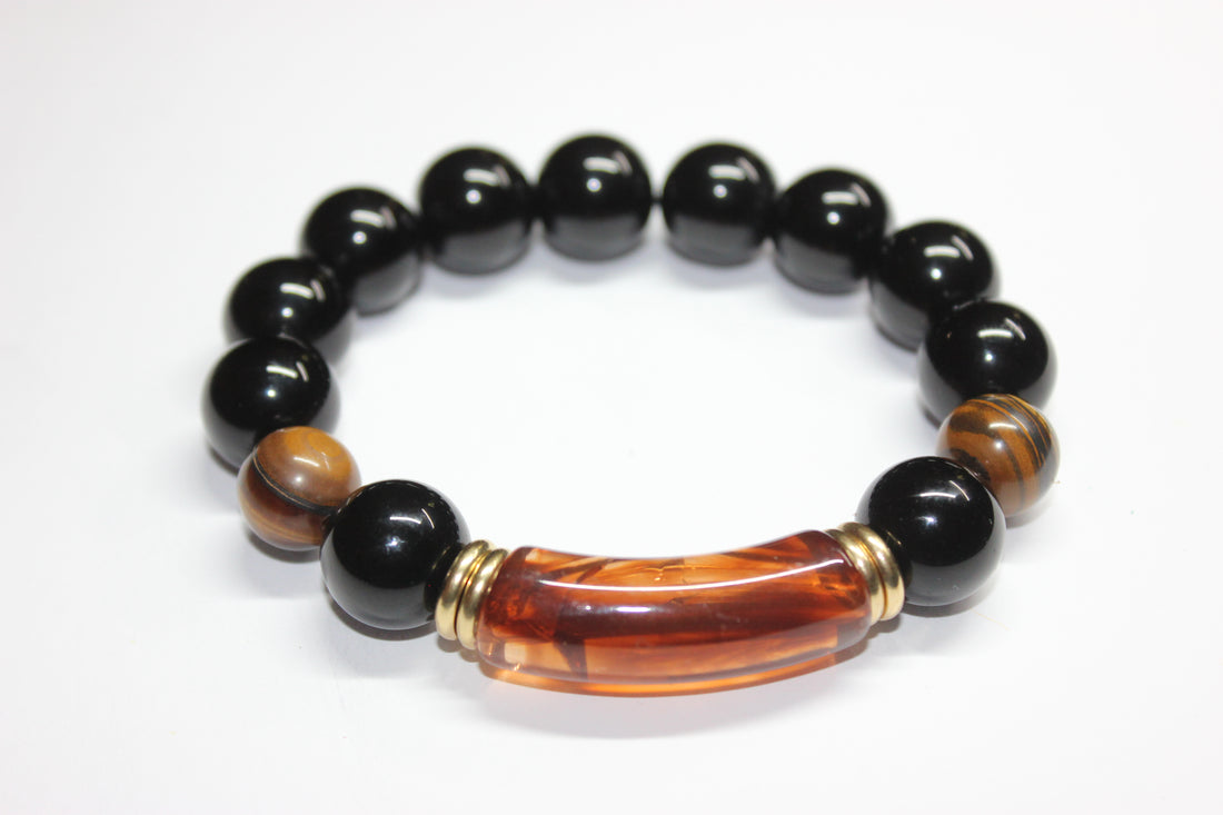 Black Topaz & Brown Tiger Eye Beaded Bracelet w/ Gold