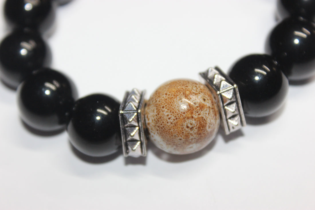 Black Beaded Bracelet with Earthtone Gemstone