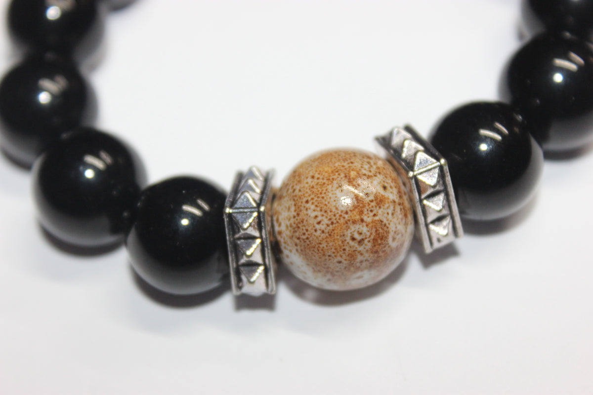 Black Beaded Bracelet with Earthtone Gemstone