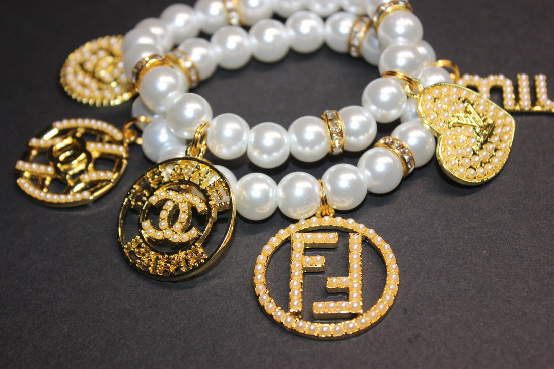 2 Piece White Pearl & Gold Charm Bracelet Set