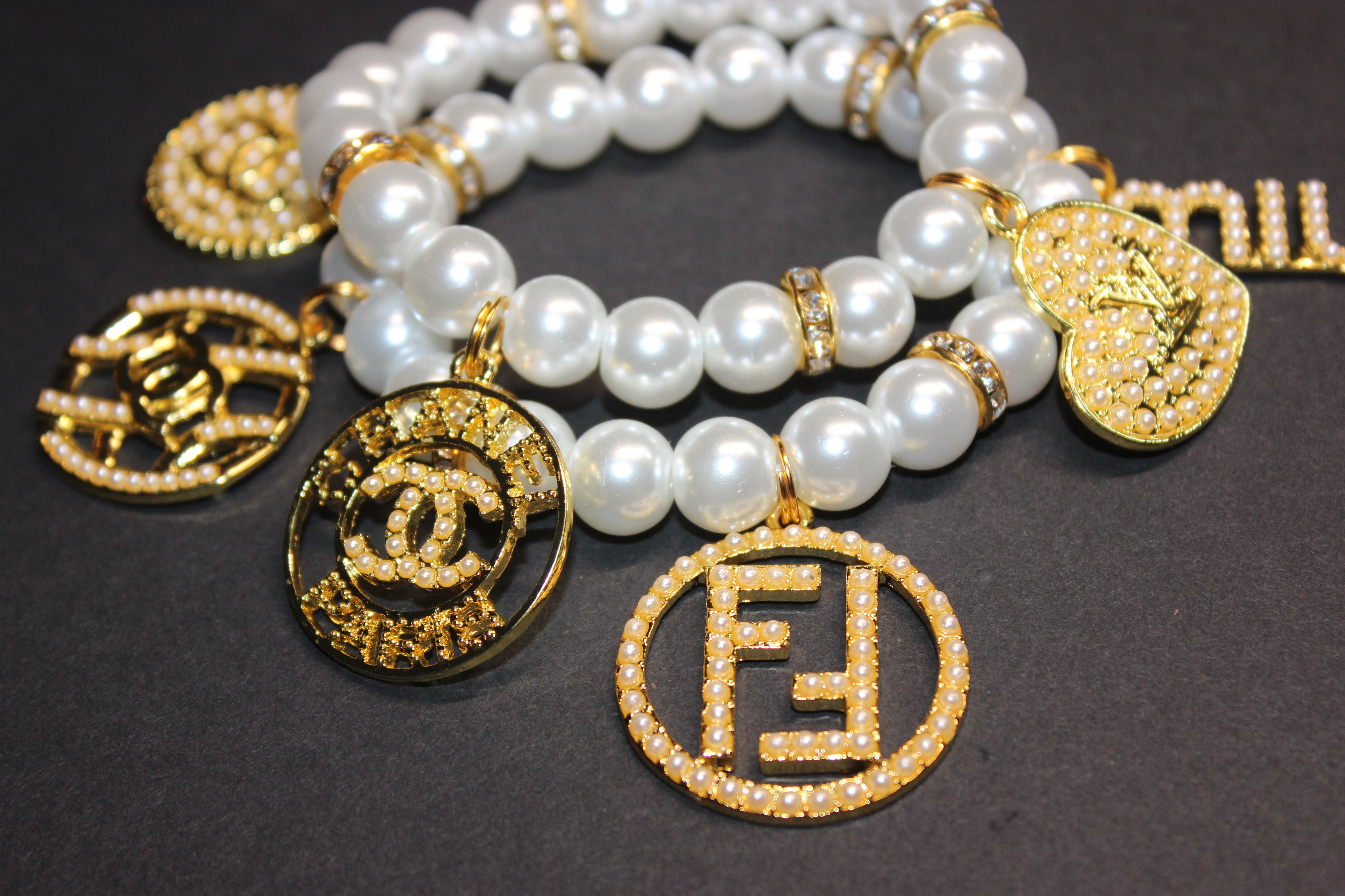 2 Piece White Pearl & Gold Charm Bracelet Set