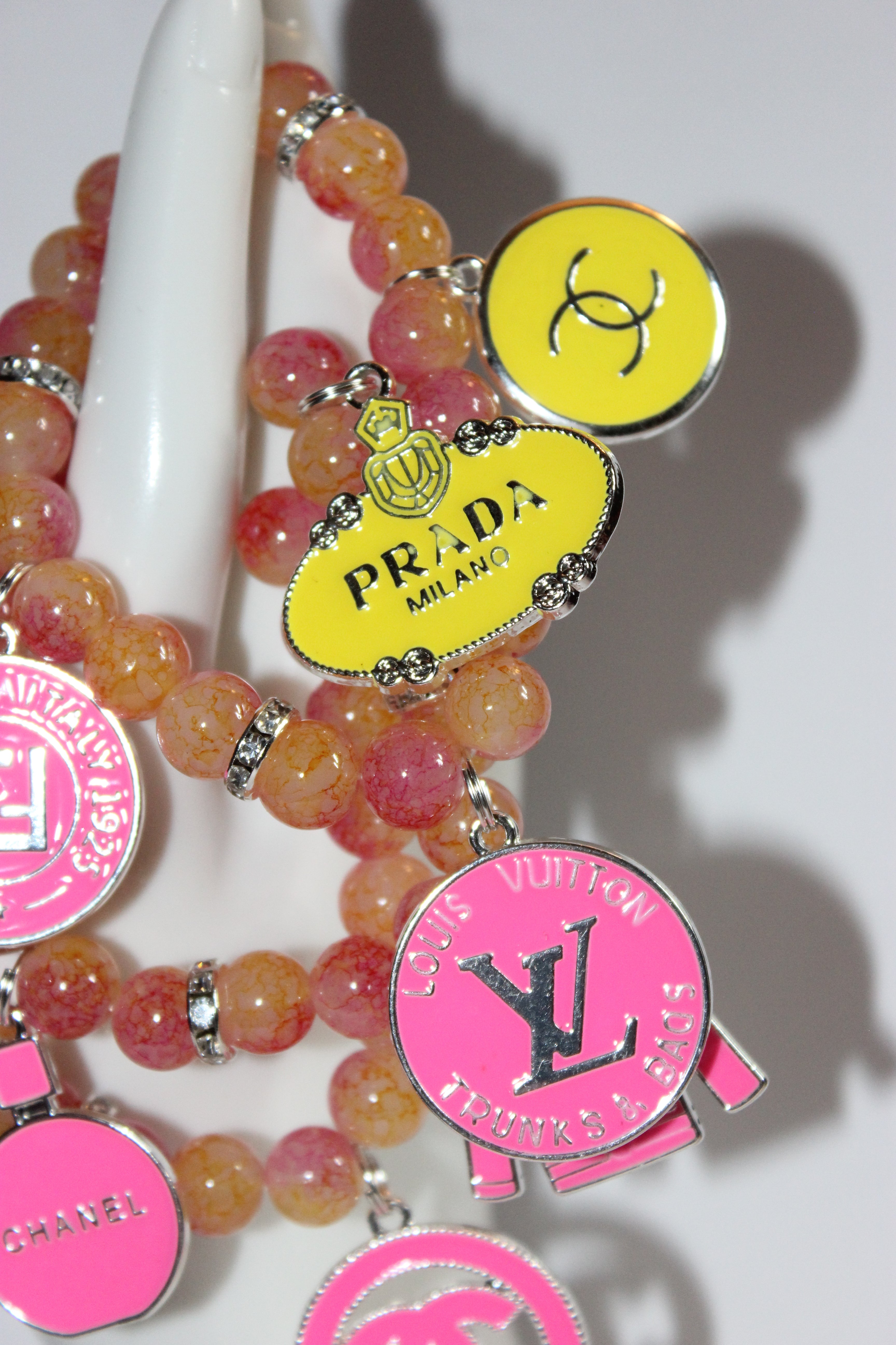 3 Piece Pink Yellow with Silver Charm Bracelet Set