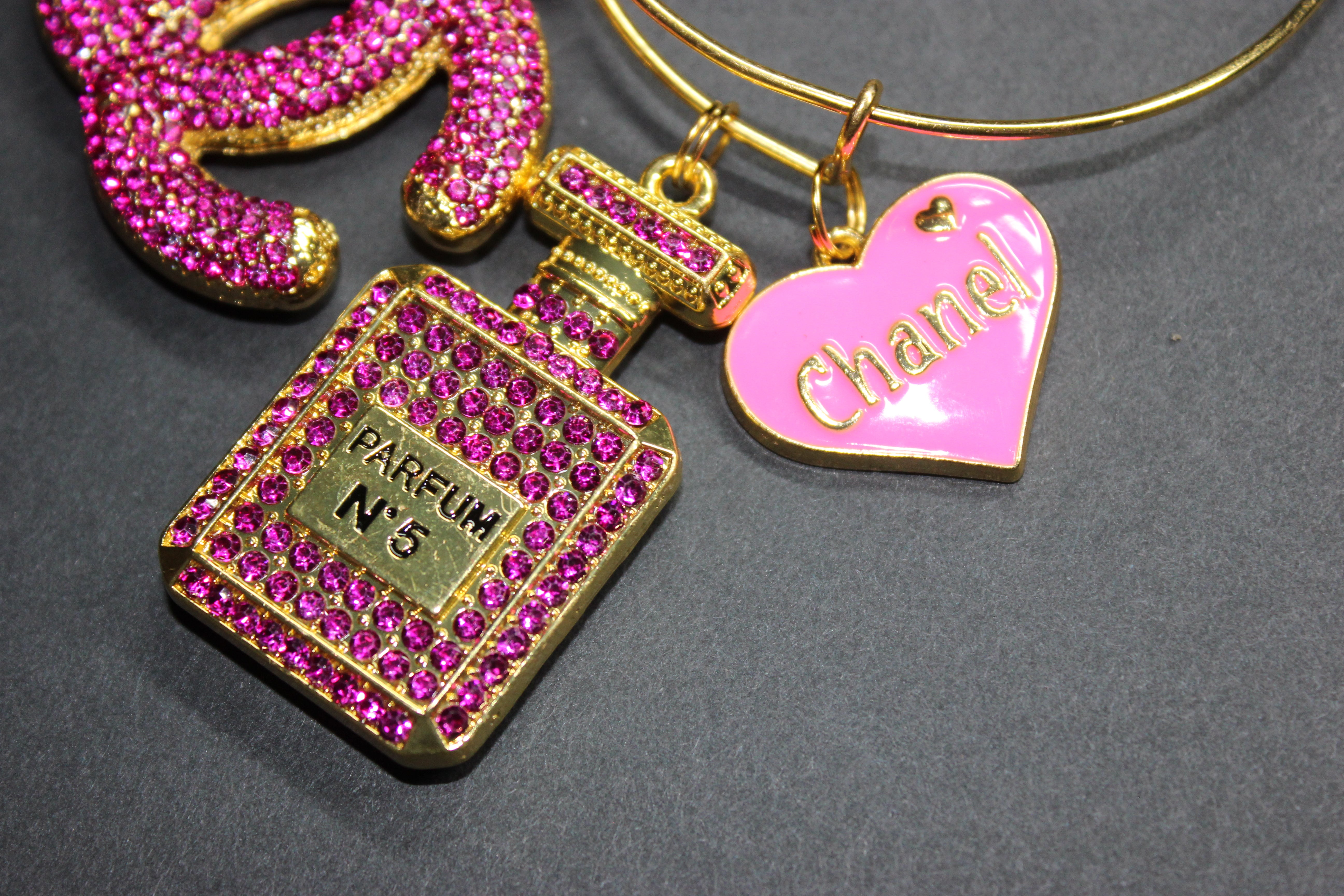 Hot Pink & Gold Rhinestone Charm Bangle Bracelet