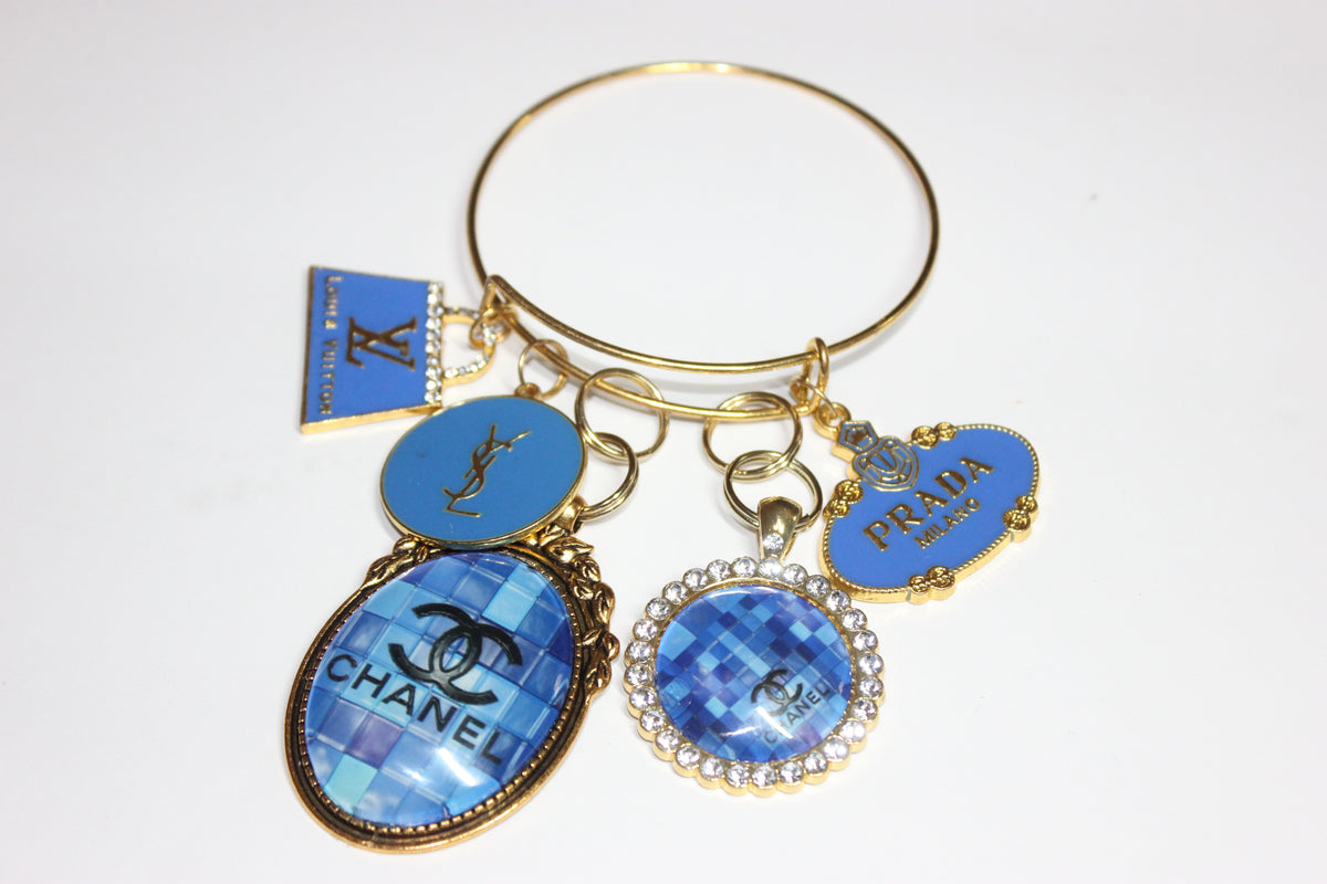 Gold & Blue Charm Bangle Bracelet