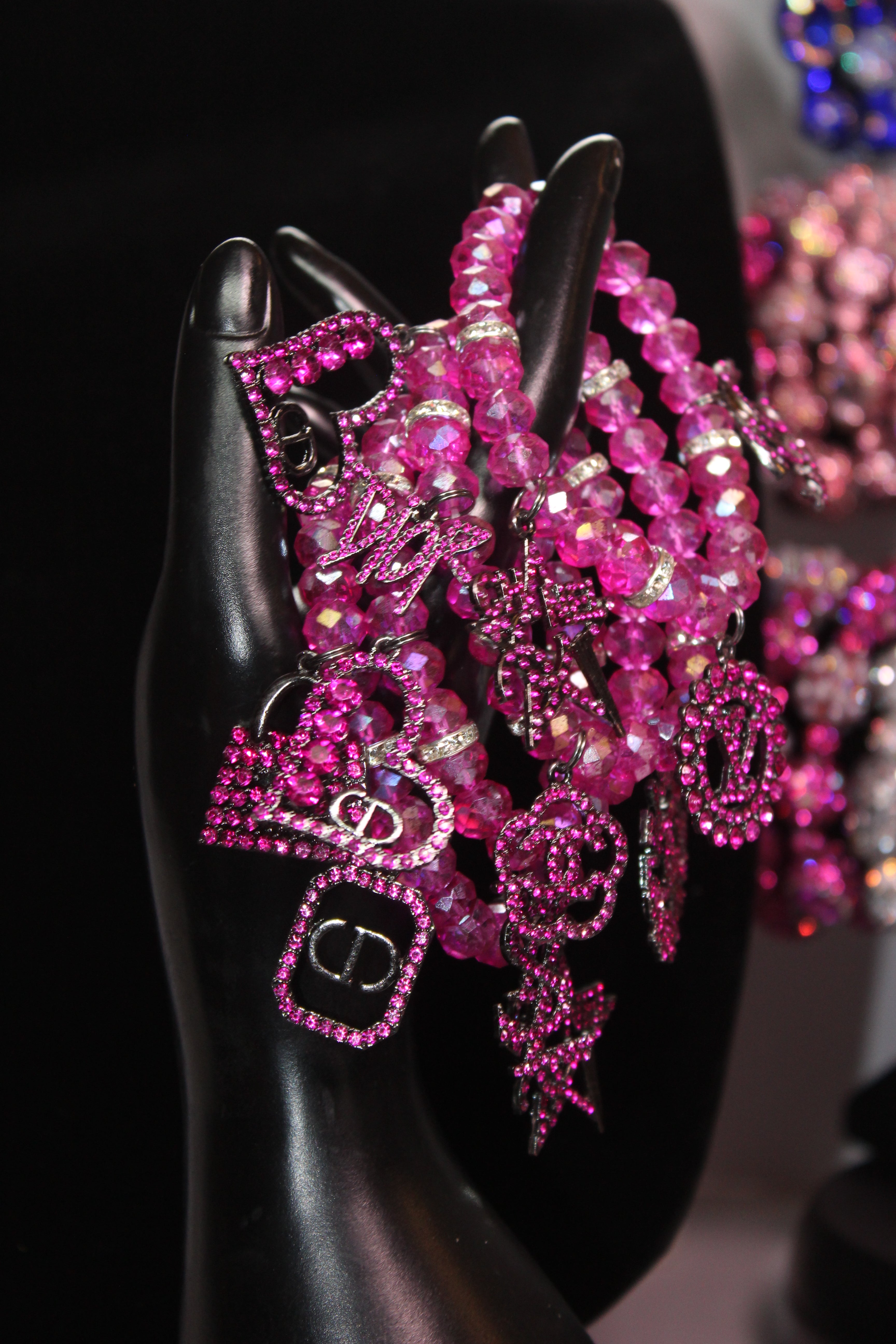4 Piece Hot Pink Crystal Charm Bracelet Set