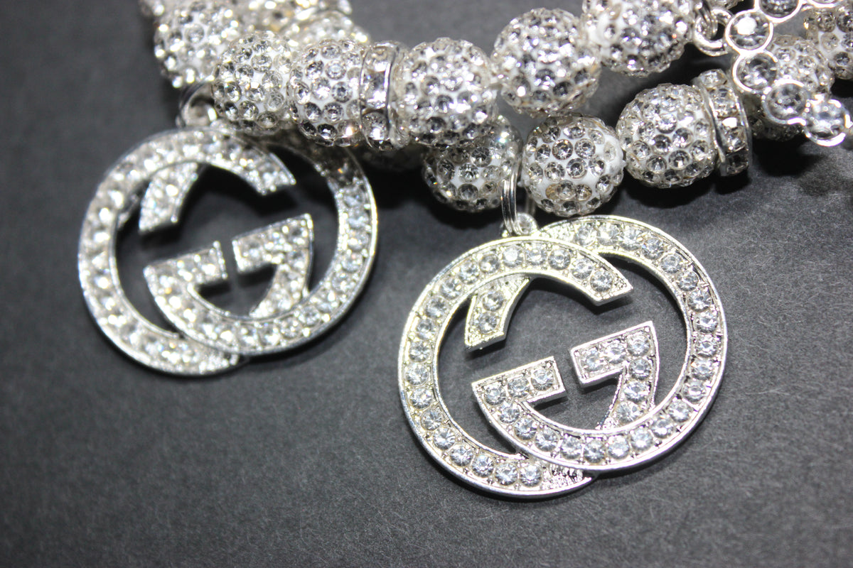 2 Piece White & Silver Rhinestone Charm Bracelet Set