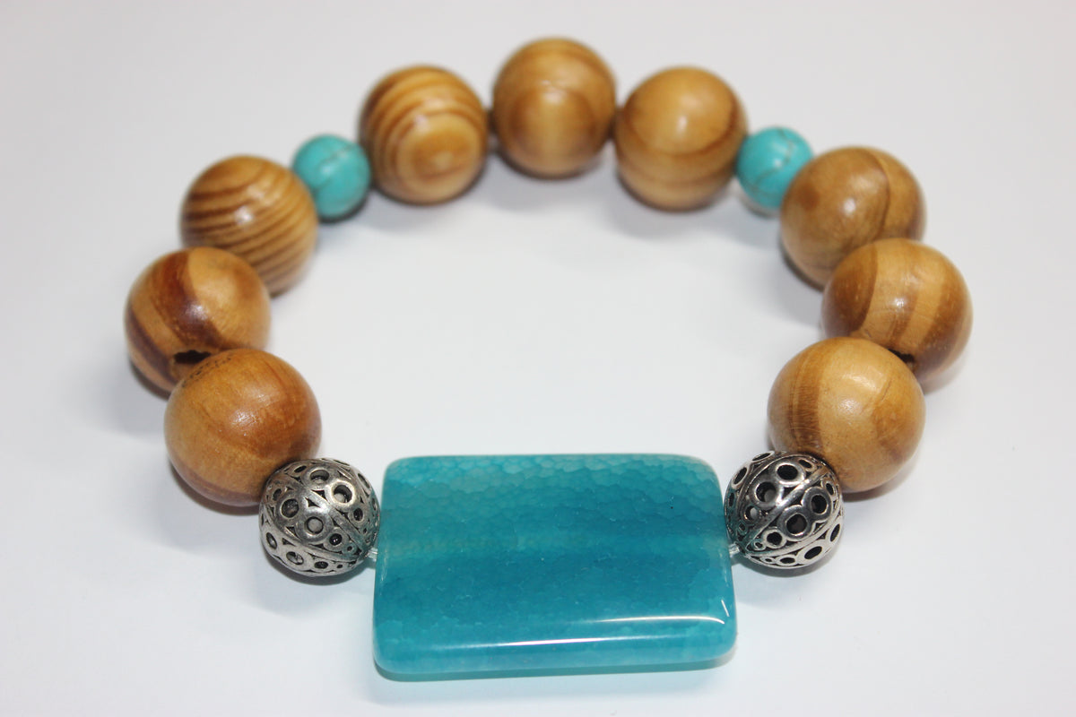 Wood & Turquoise Beaded Bracelet