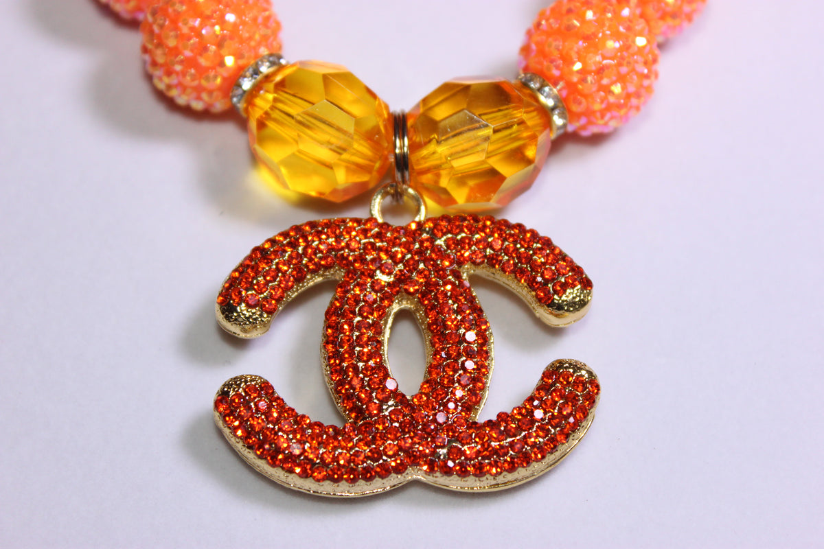 Shades Of Orange & Gold Rhinestone Charm Necklace & Earrings Set