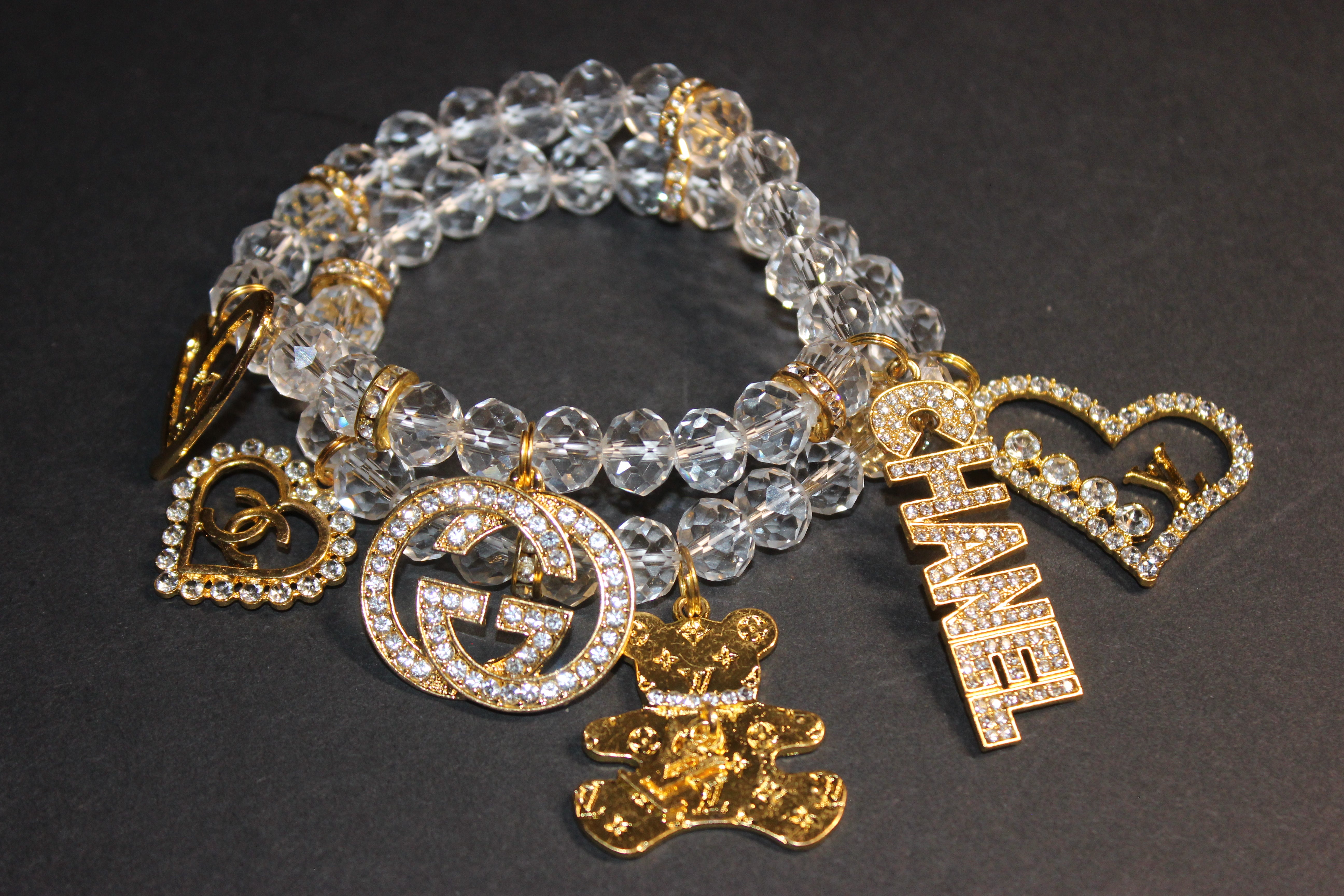 2 Piece Clear Crystal w/ Gold Rhinestone Charms Charm Bracelet Set