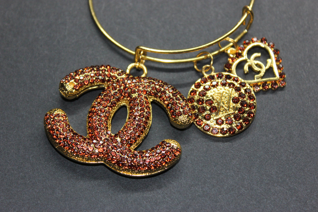 Brown & Gold Rhinestone Charm Bangle Bracelet