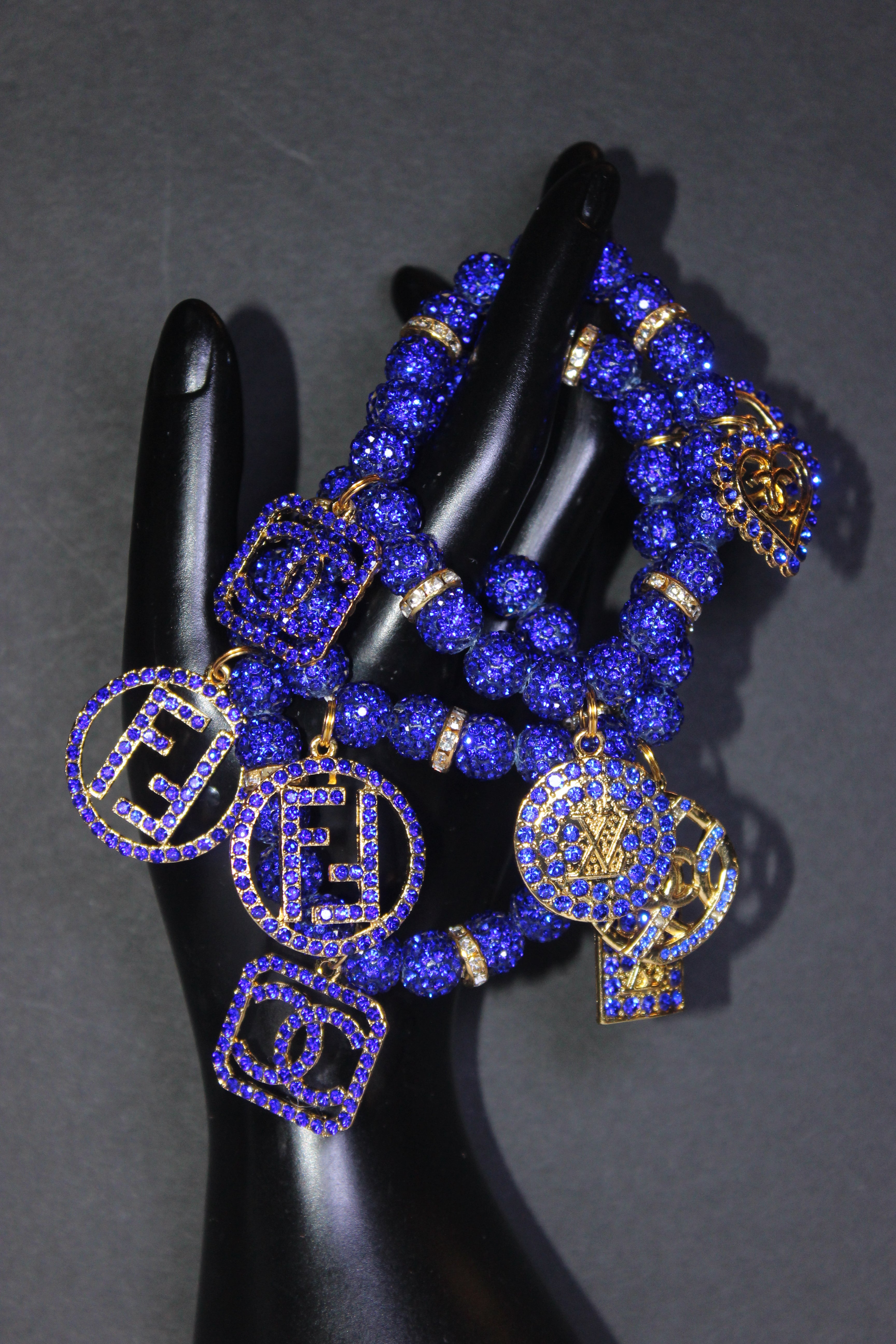 3 Piece Royal Blue & Gold Rhinestone Charm Bracelet Set
