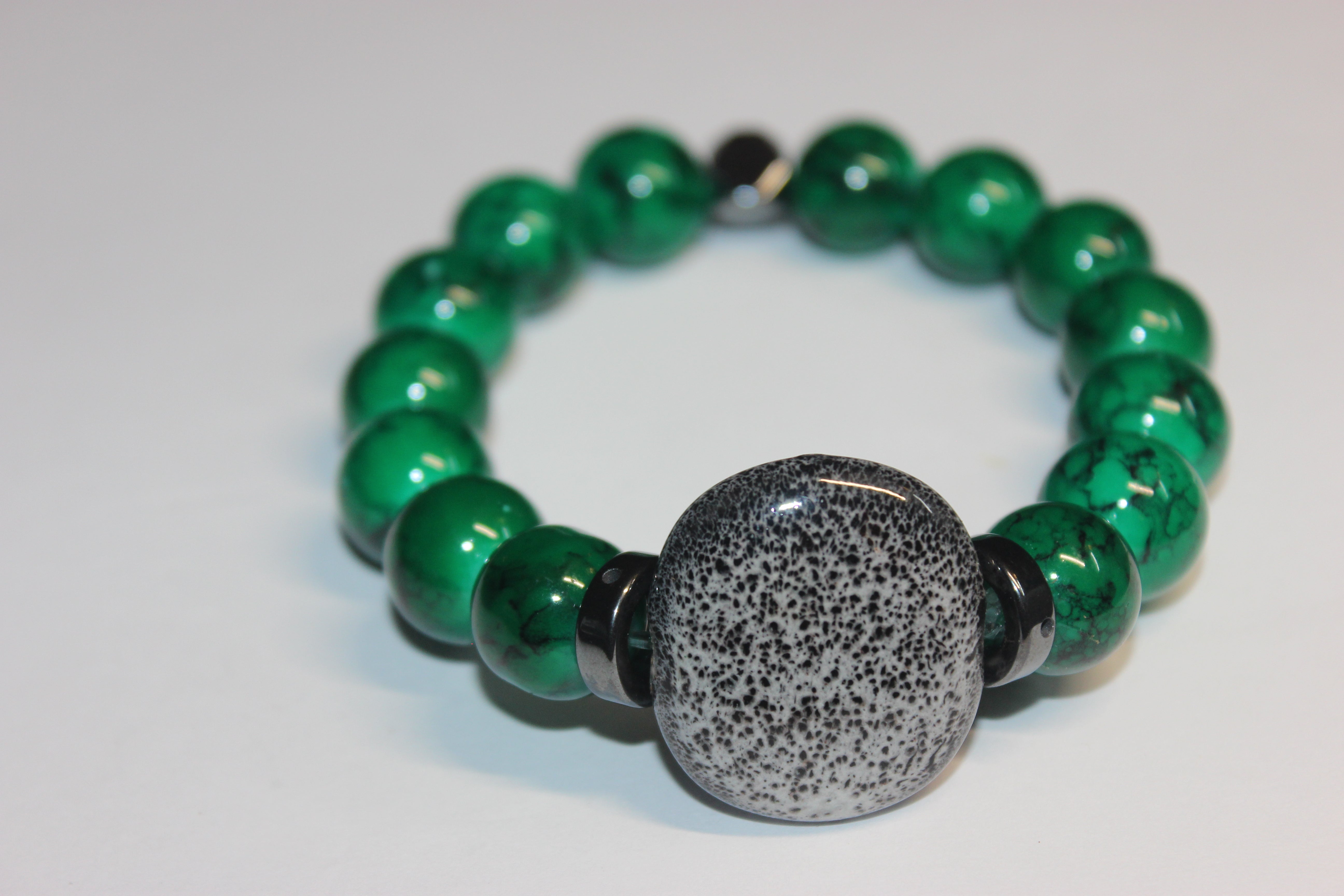 Shades Of Green w/ Grey Gemstone BOBCAT Beaded Bracelet