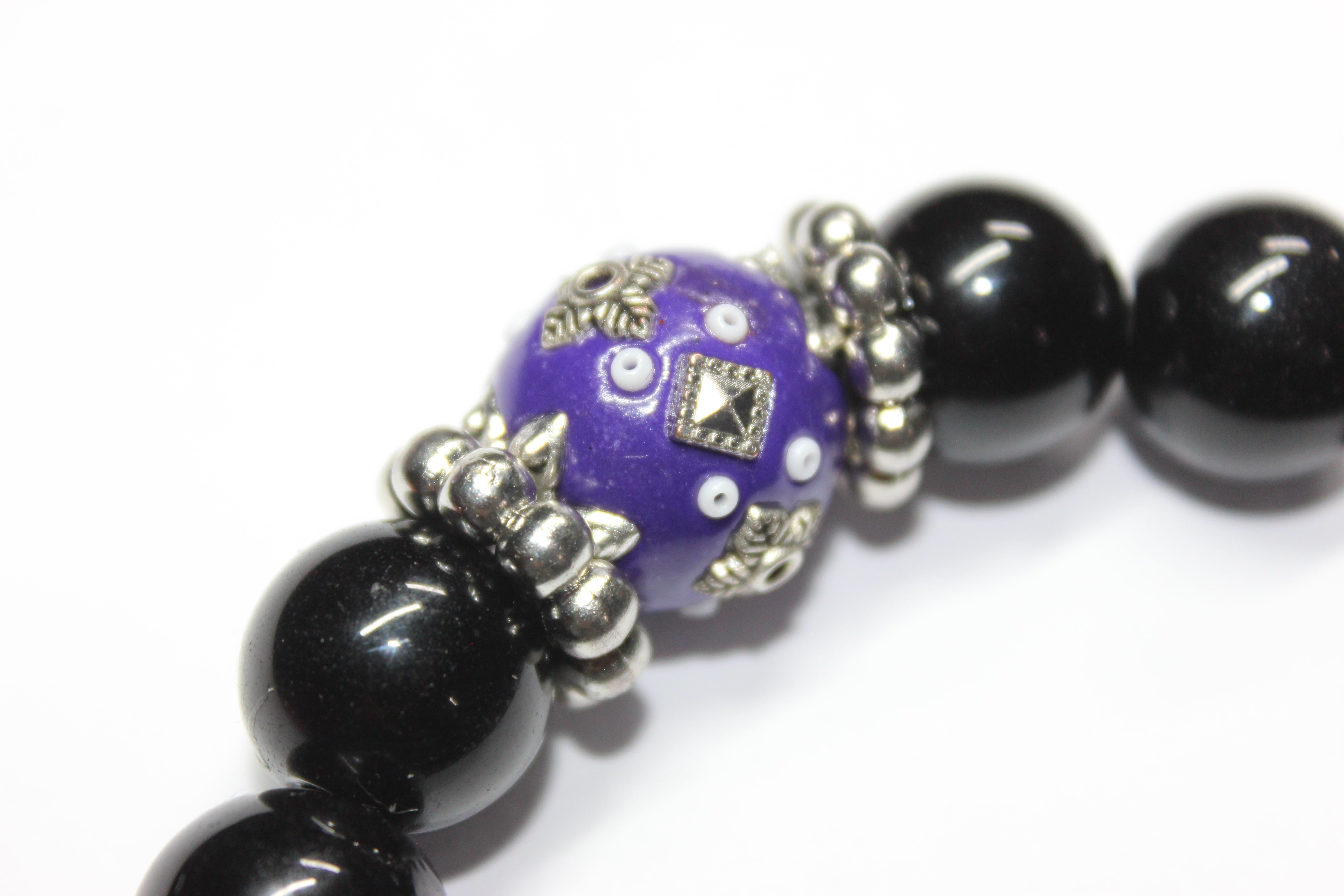Black Purple & Silver Beaded Bracelet