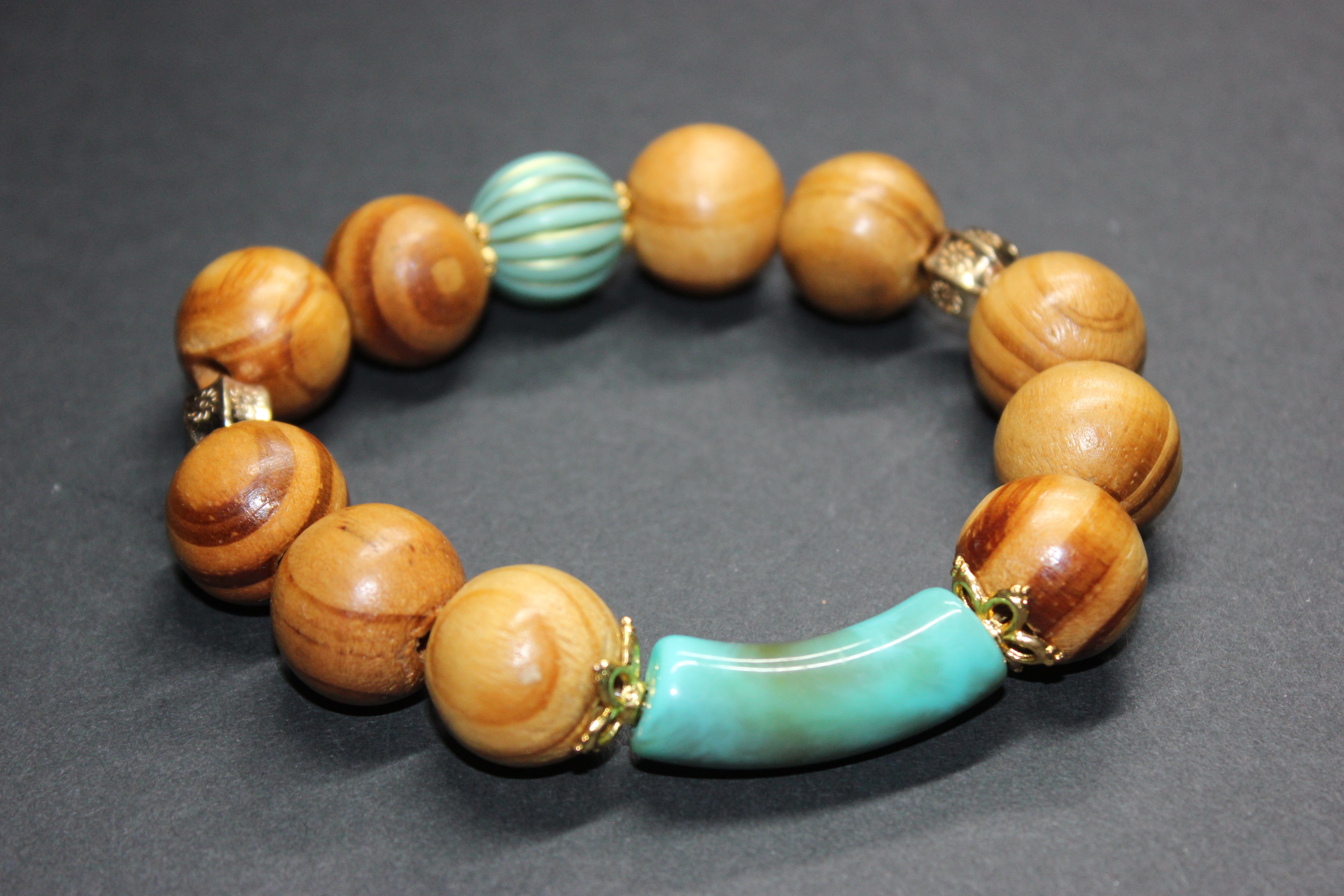 Turquoise W/Gold Wood Beaded Large Bracelet