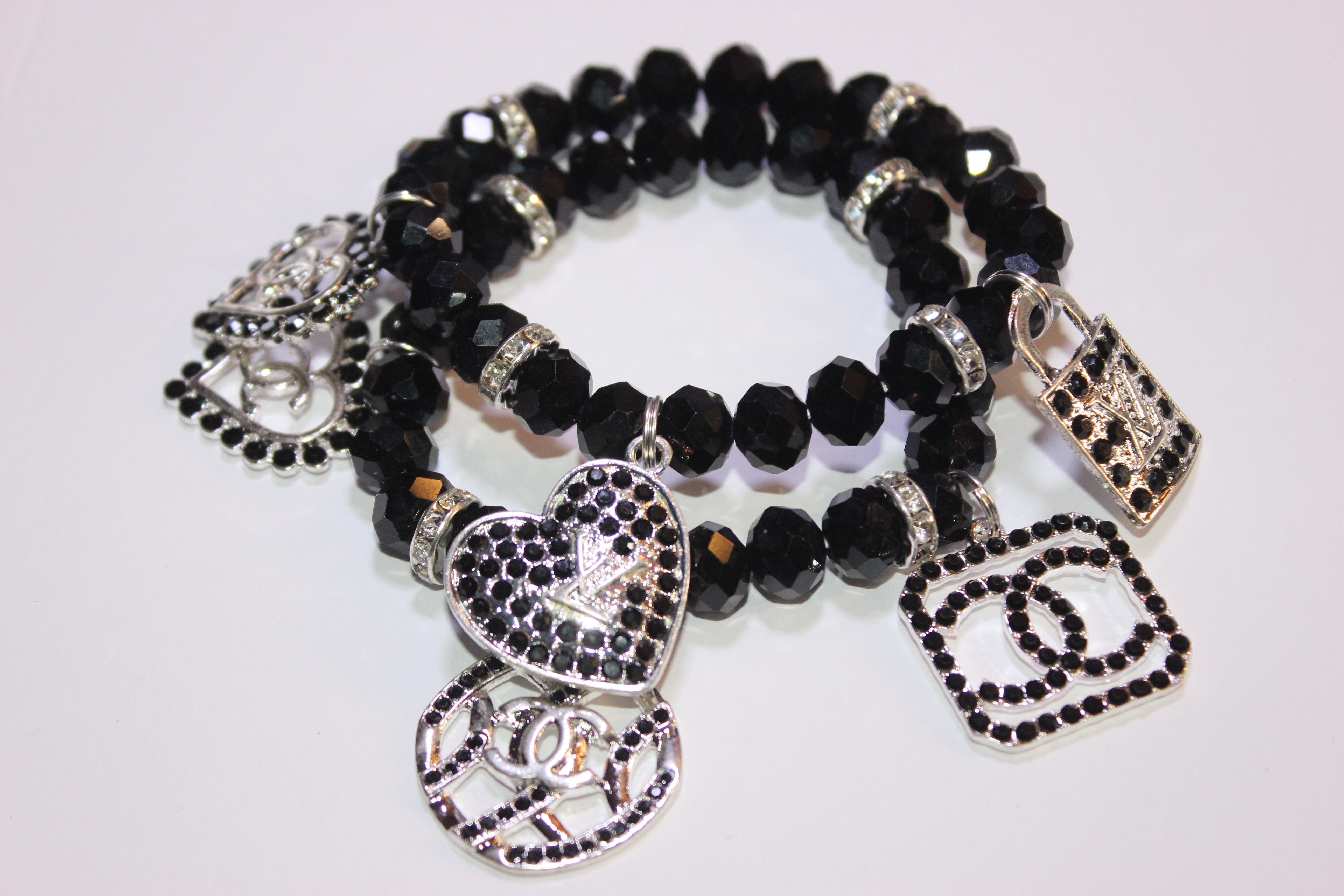 2 Piece Black & Silver Crystal Charm Bracelet Set