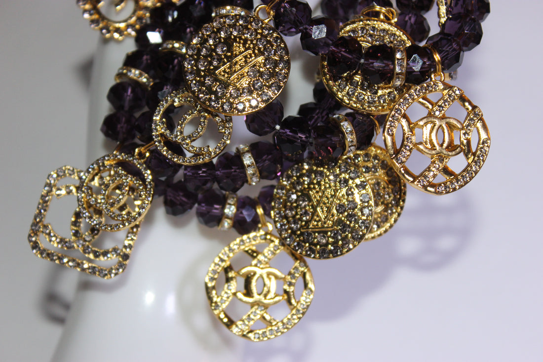 4 Piece Purple & Gold Crystal Charm Bracelet