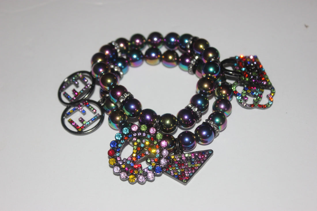 2 Piece Multicolored Gemstone Beaded Bracelet with Rhinestone Charms