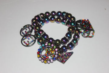 2 Piece Multicolored Gemstone Beaded Bracelet with Rhinestone Charms