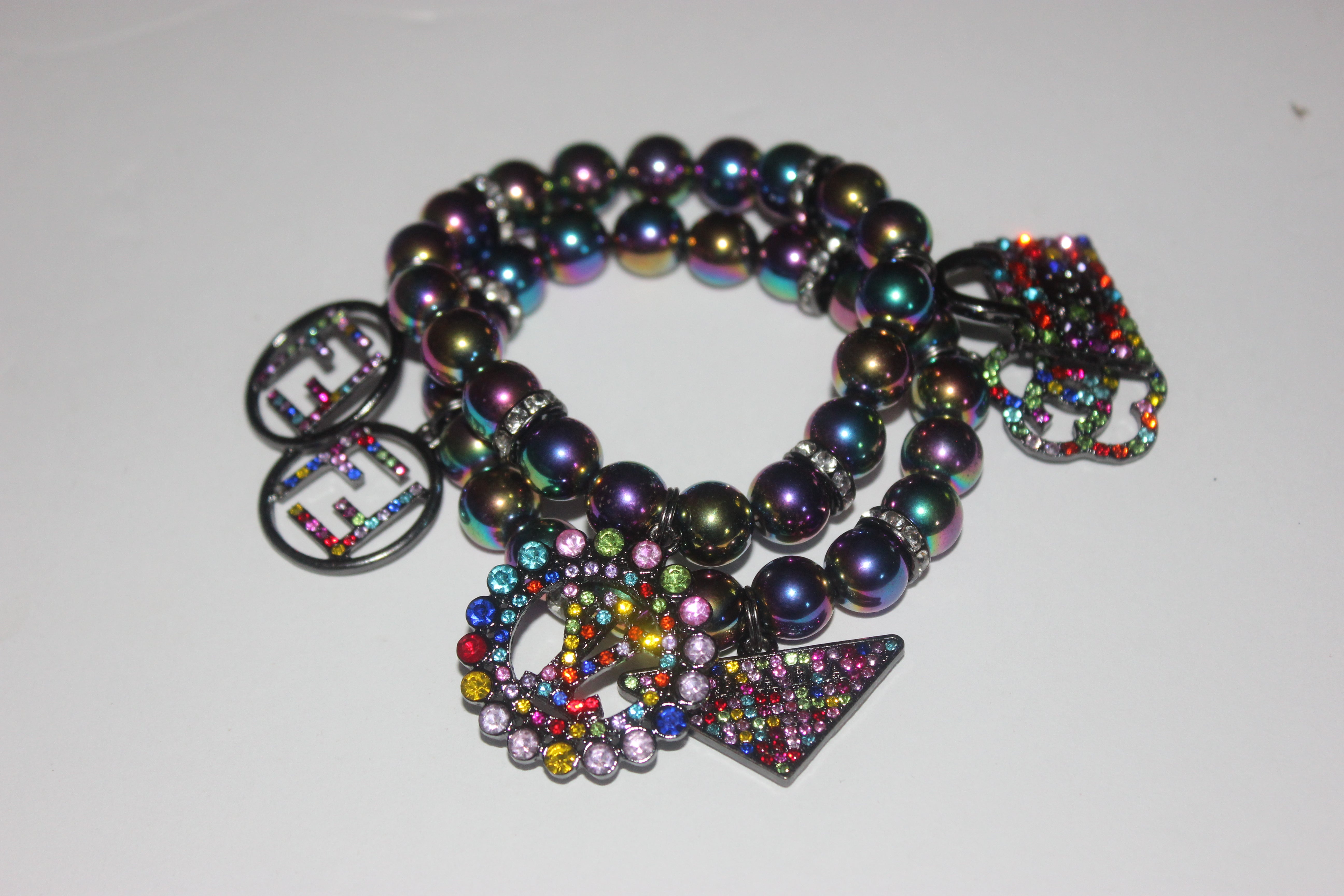 2 Piece Multicolored Gemstone Beaded Bracelet with Rhinestone Charms