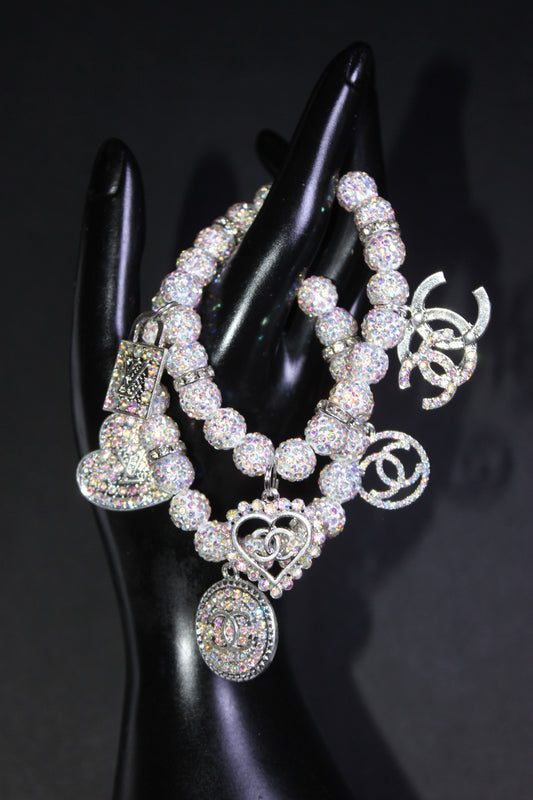 2 Piece Iridescent White & Silver Rhinestone Charm Bracelet Set