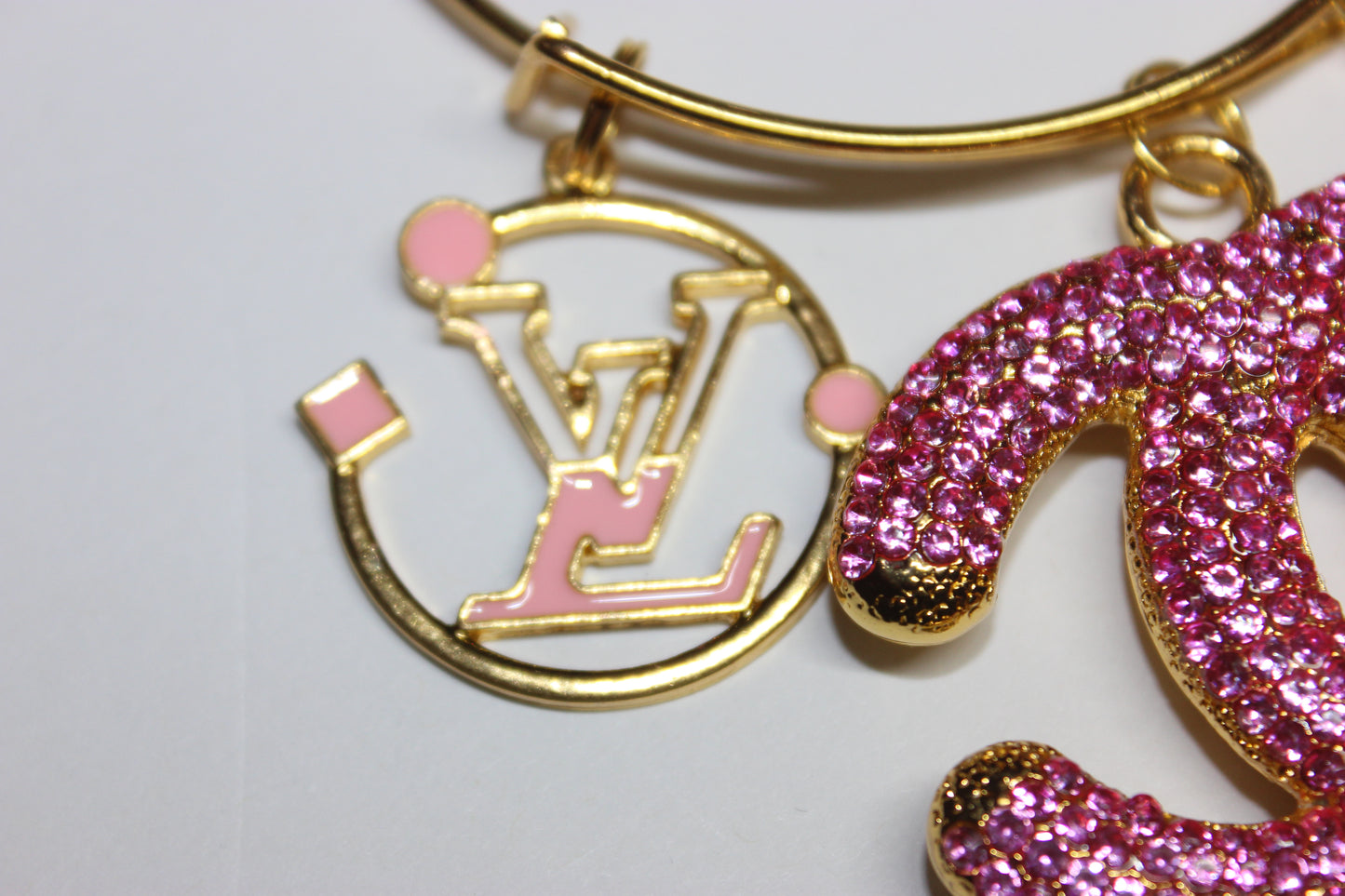 Pink & Gold Rhinestone Charm Bangle Bracelet