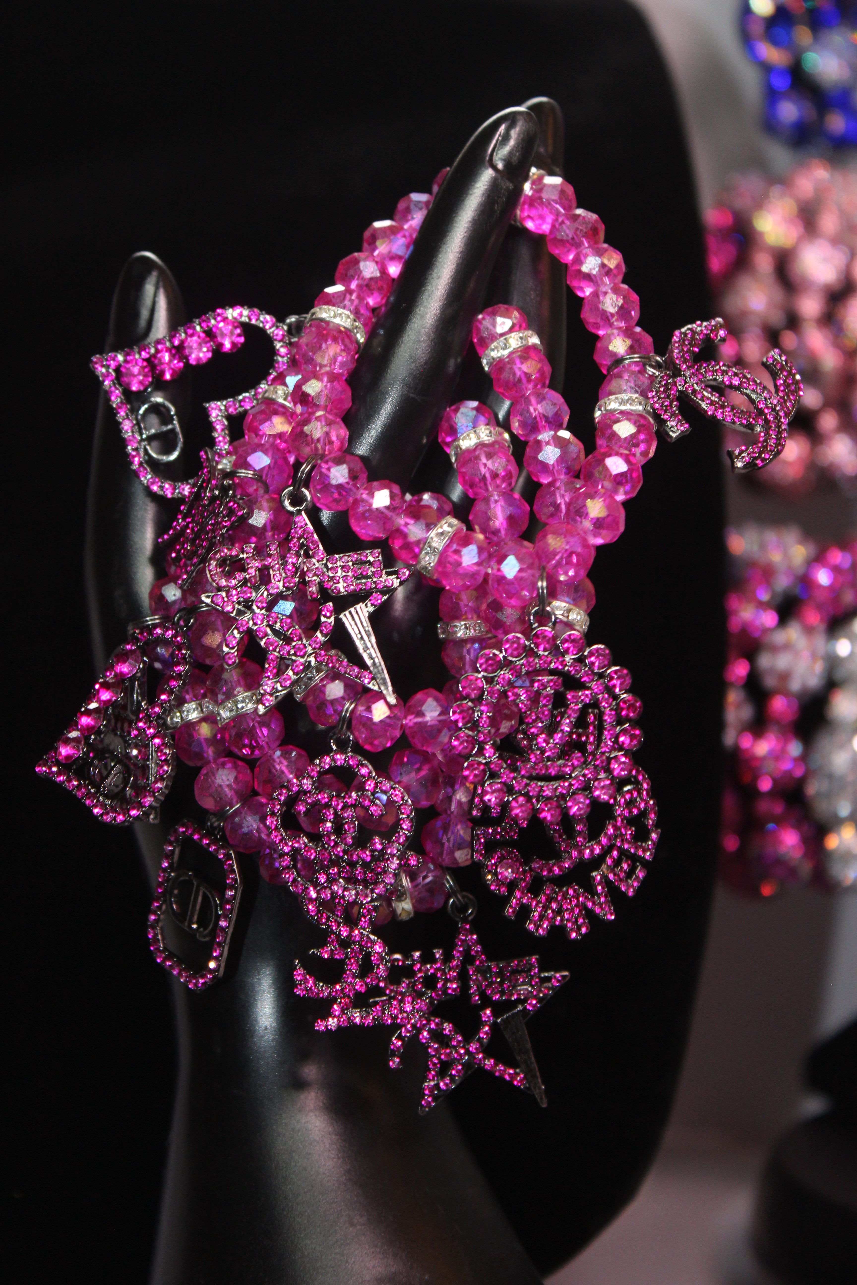 4 Piece Hot Pink Crystal Charm Bracelet Set