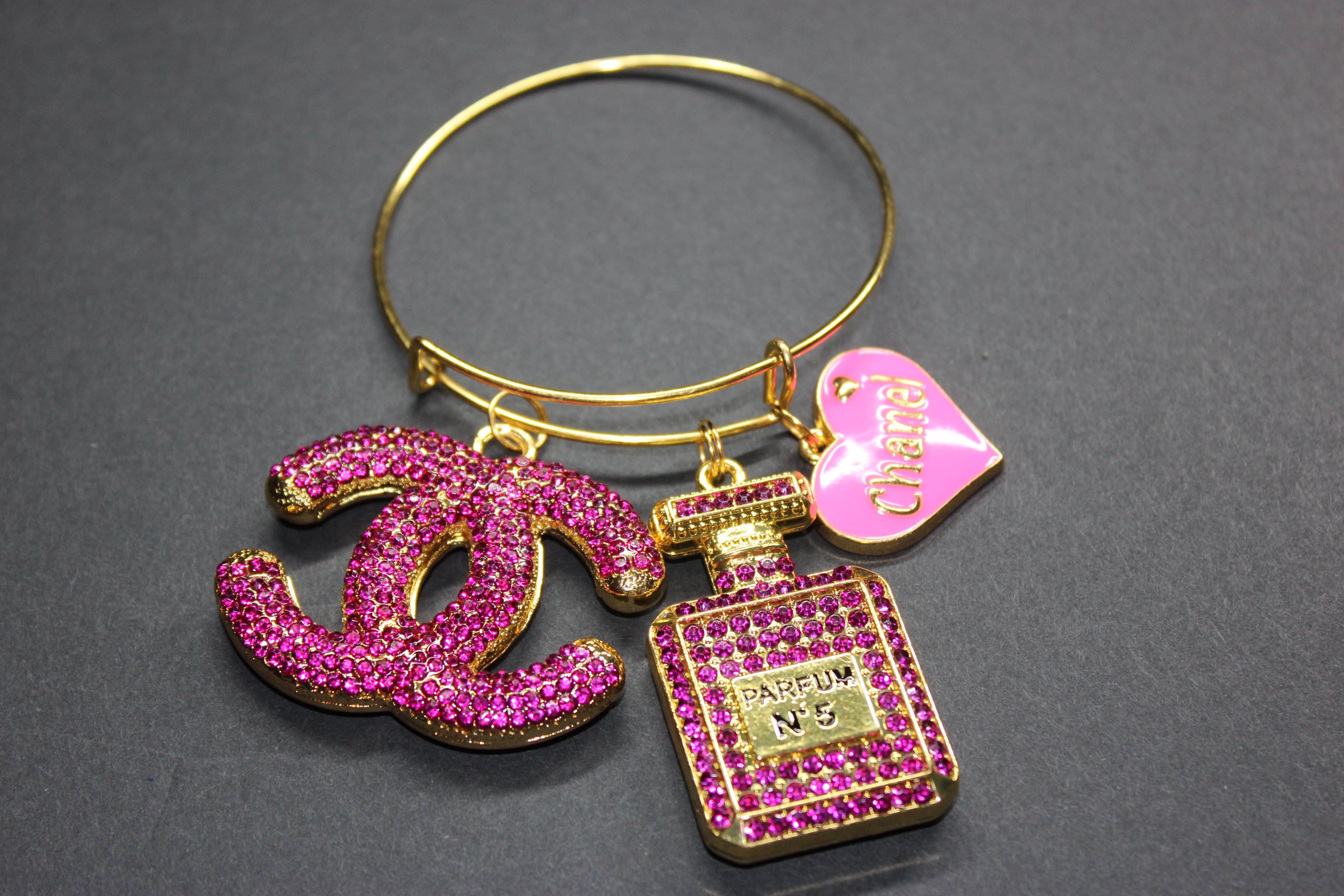 Hot Pink & Gold Rhinestone Charm Bangle Bracelet