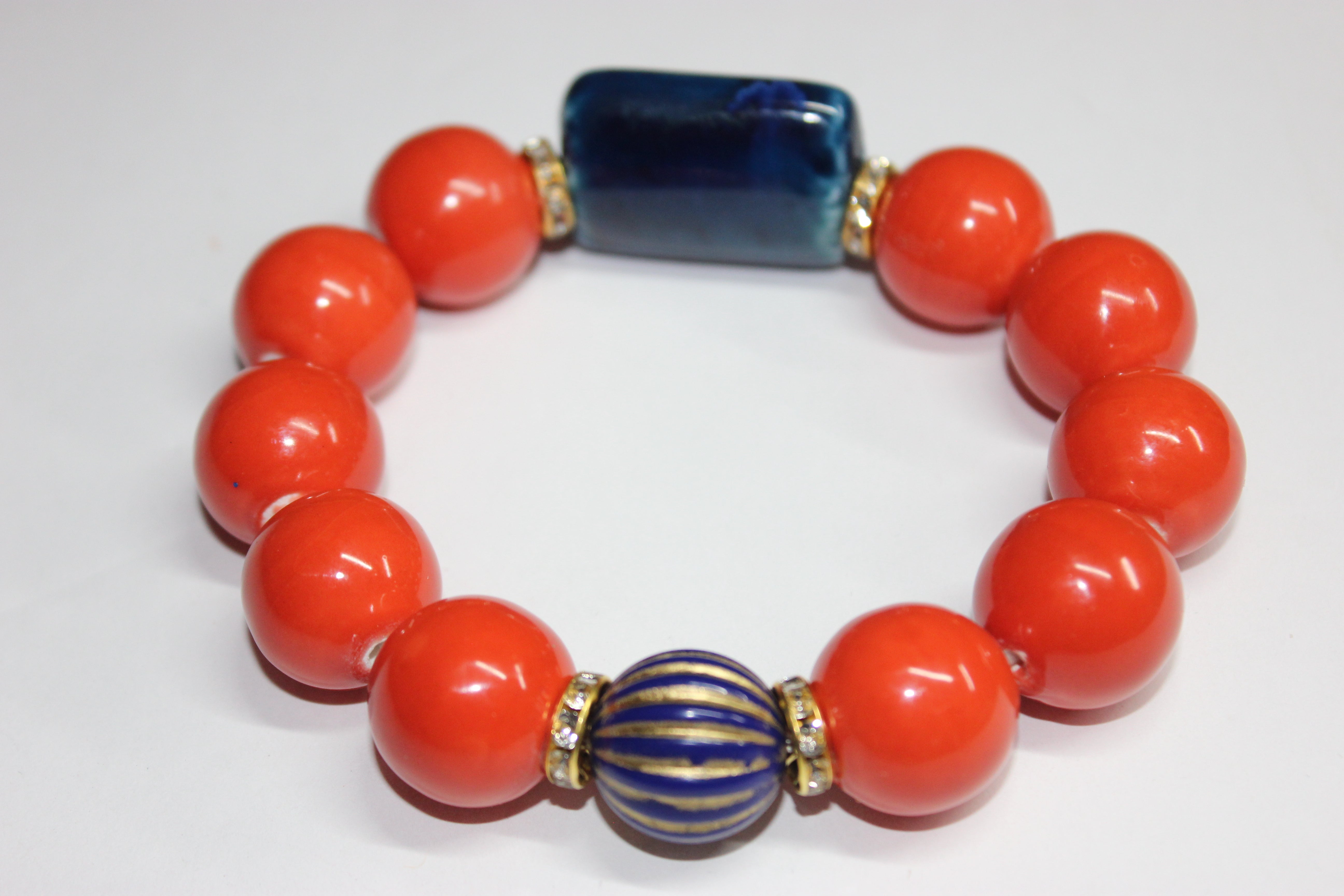 Orange & Blue Ceramic  Glass Gemstone Beaded Bracelet